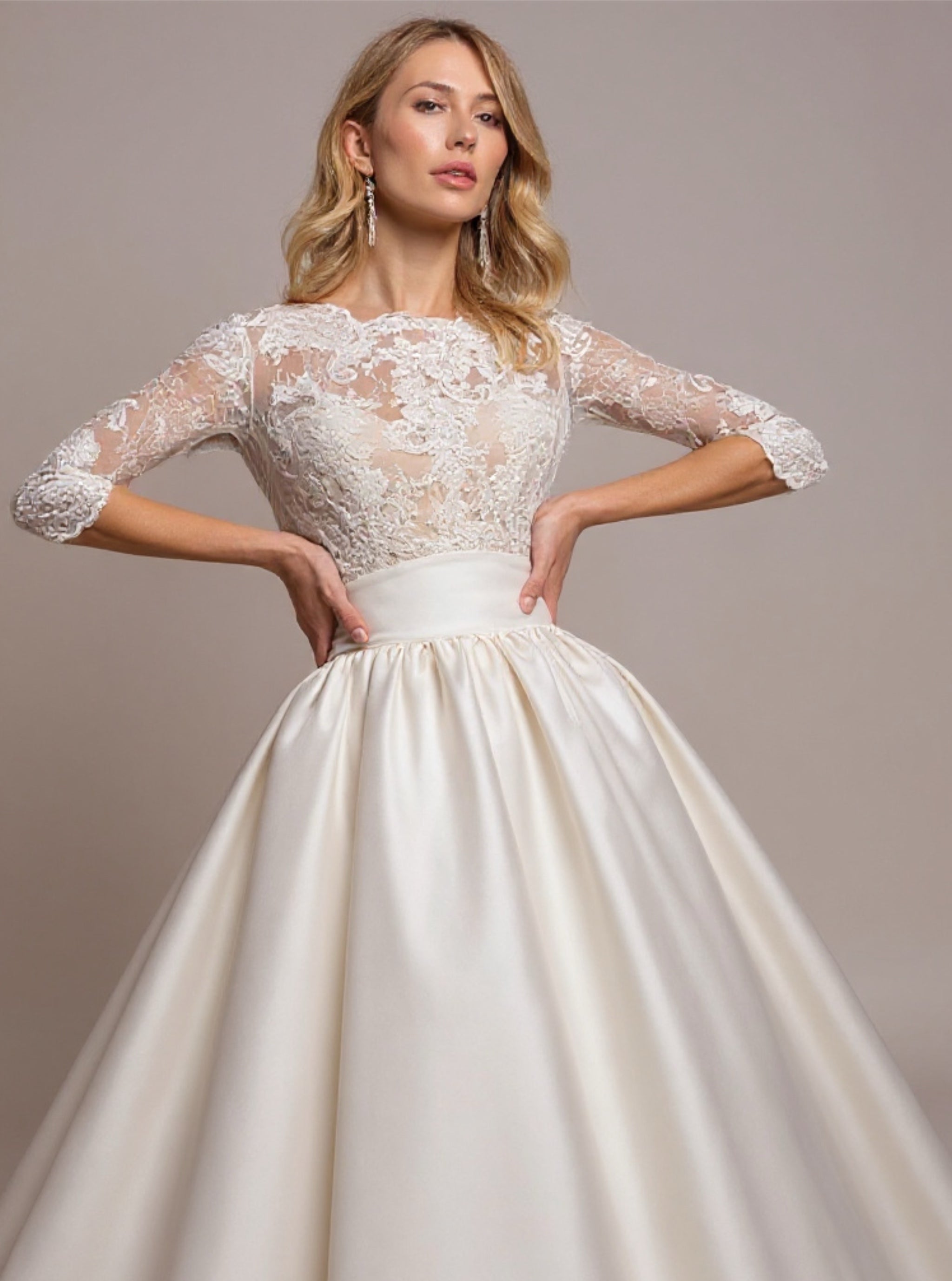 Satin & Lace Long-Sleeved Wedding Dress