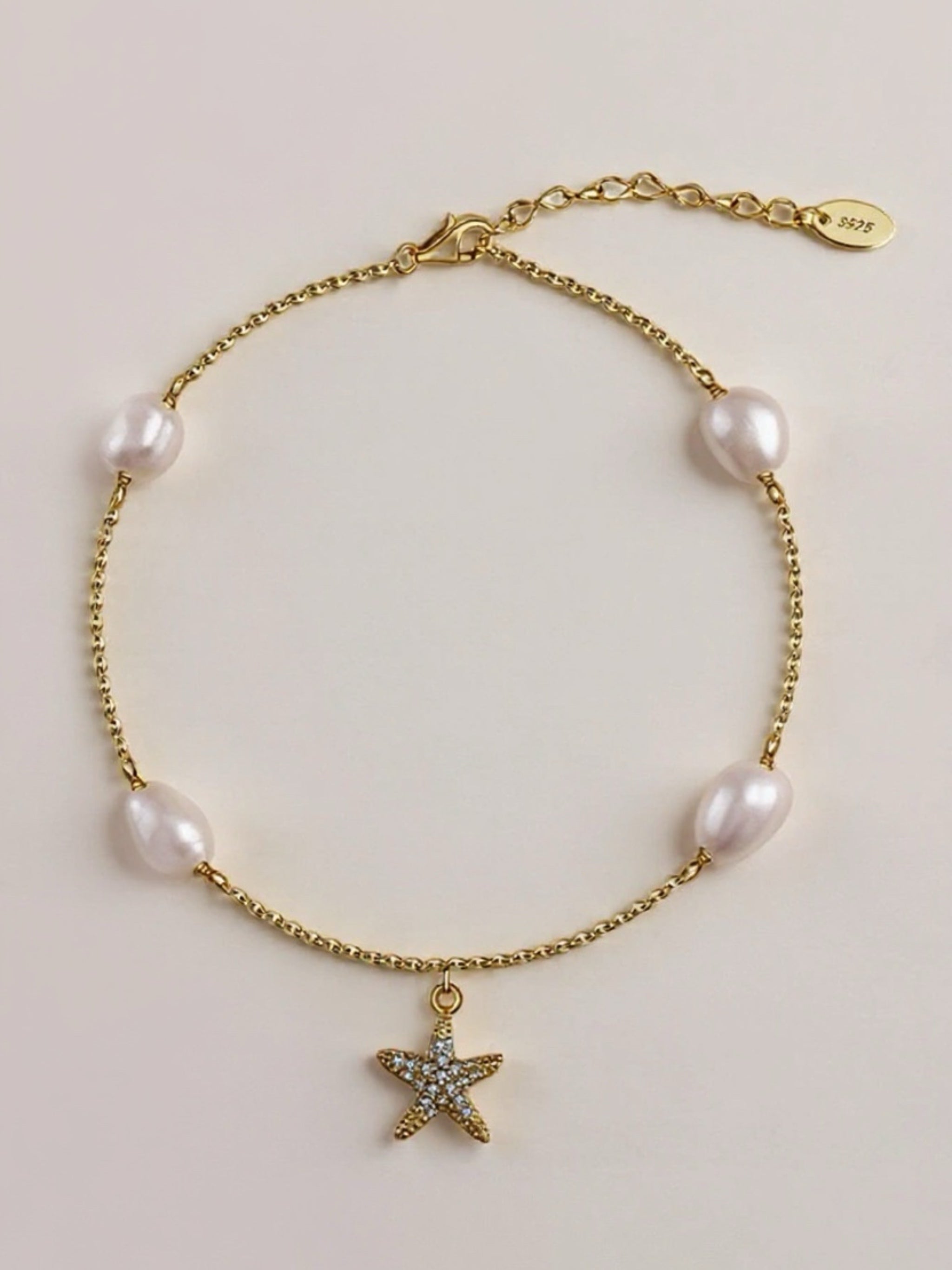 S925 Sterling Silver Starfish & Natural Pearl Anklet