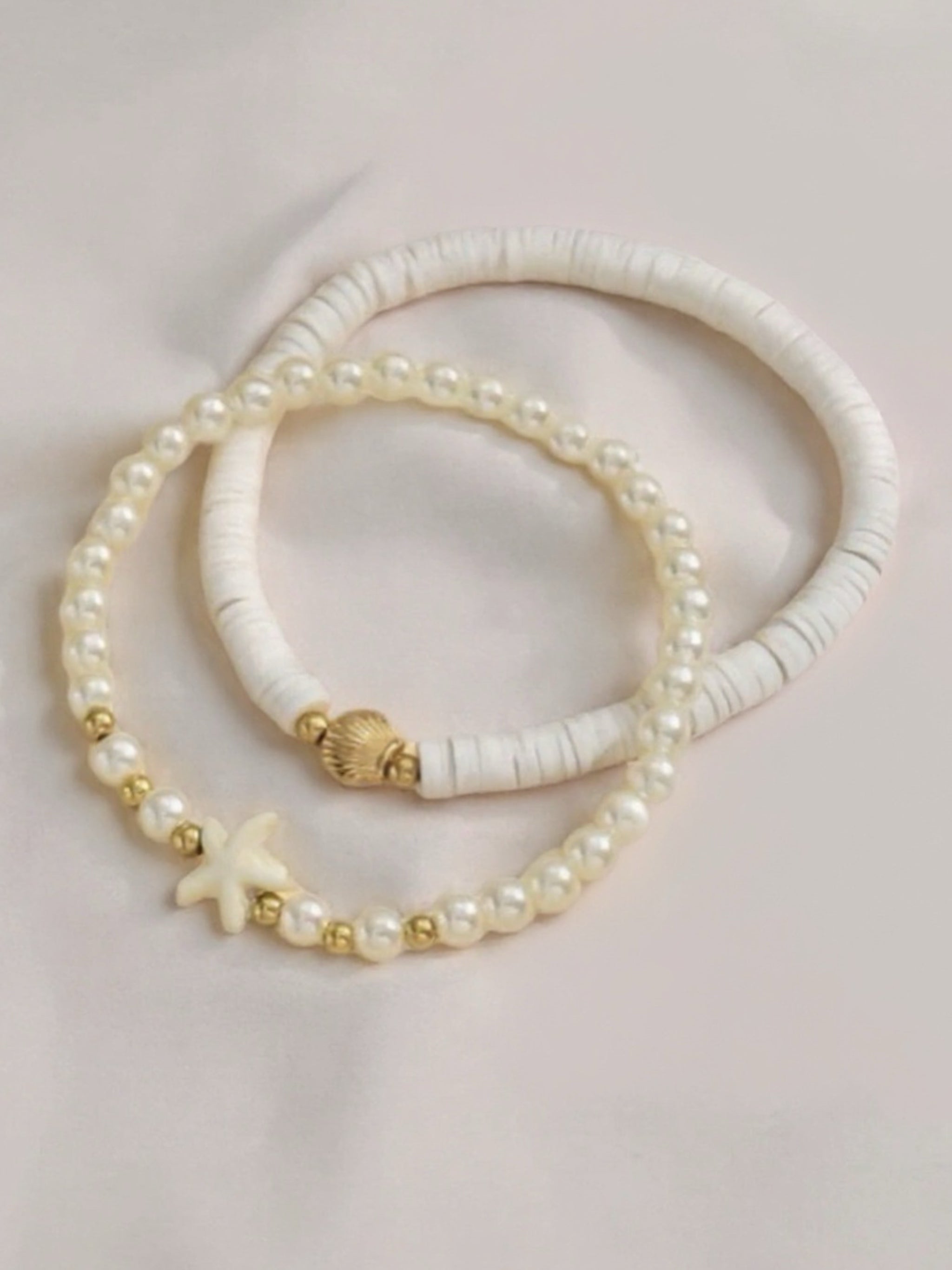 Pearl Beaded Gold Toned Starfish & Shell Anklets Set of 2