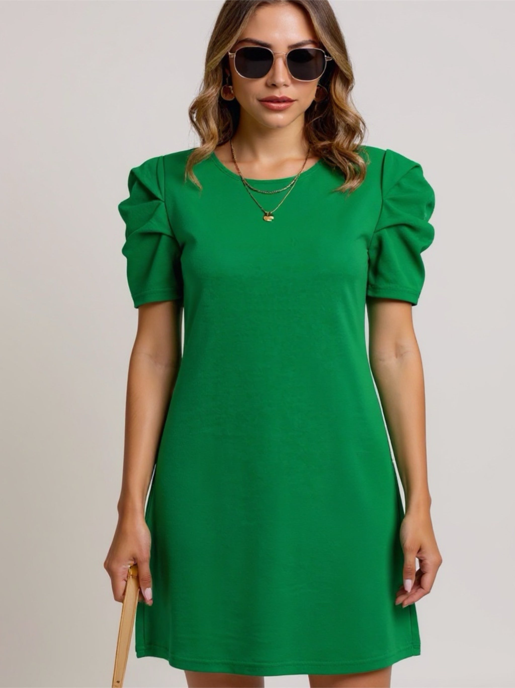 Round Neck Puff Sleeve Mini Dress