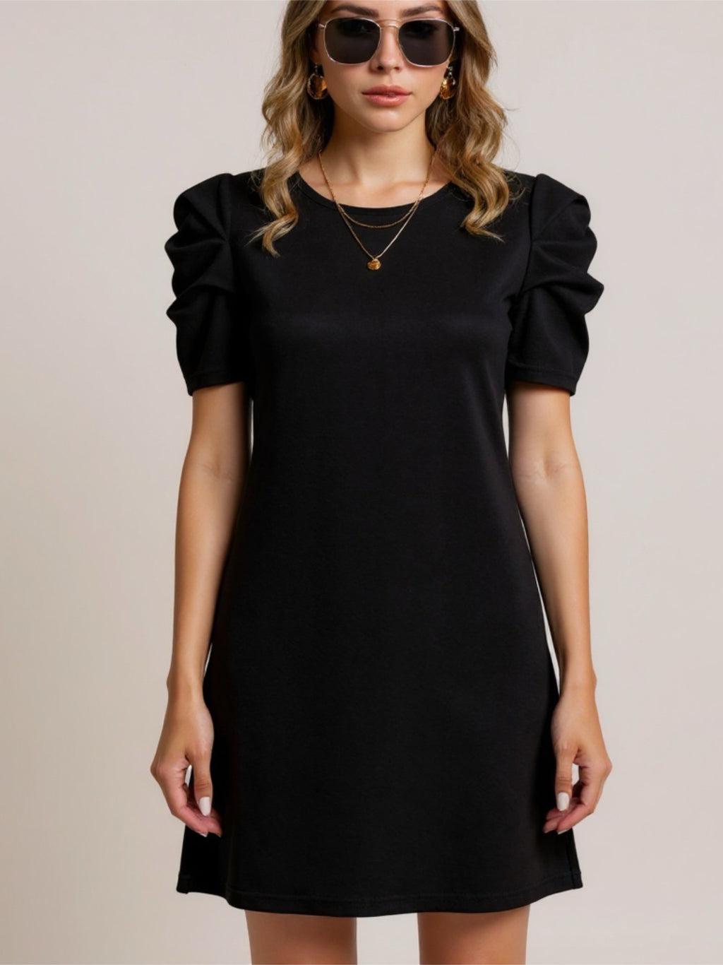 Round Neck Puff Sleeve Mini Dress