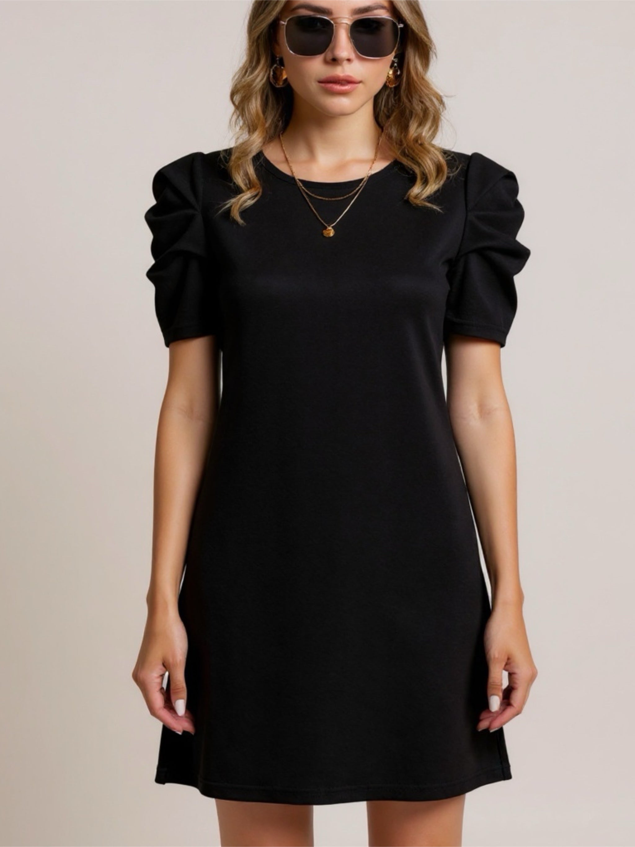 Round Neck Puff Sleeve Mini Dress
