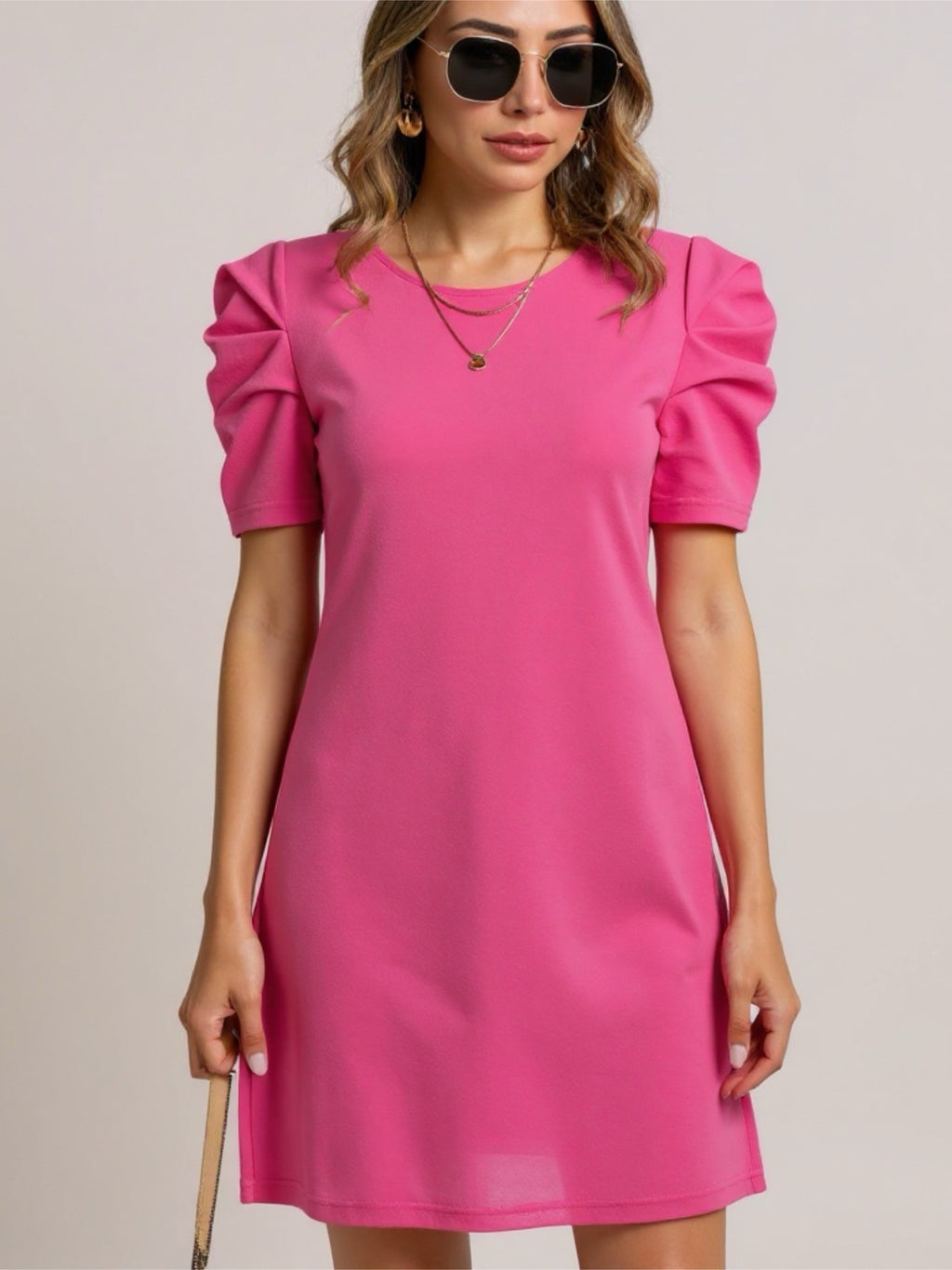 Round Neck Puff Sleeve Mini Dress