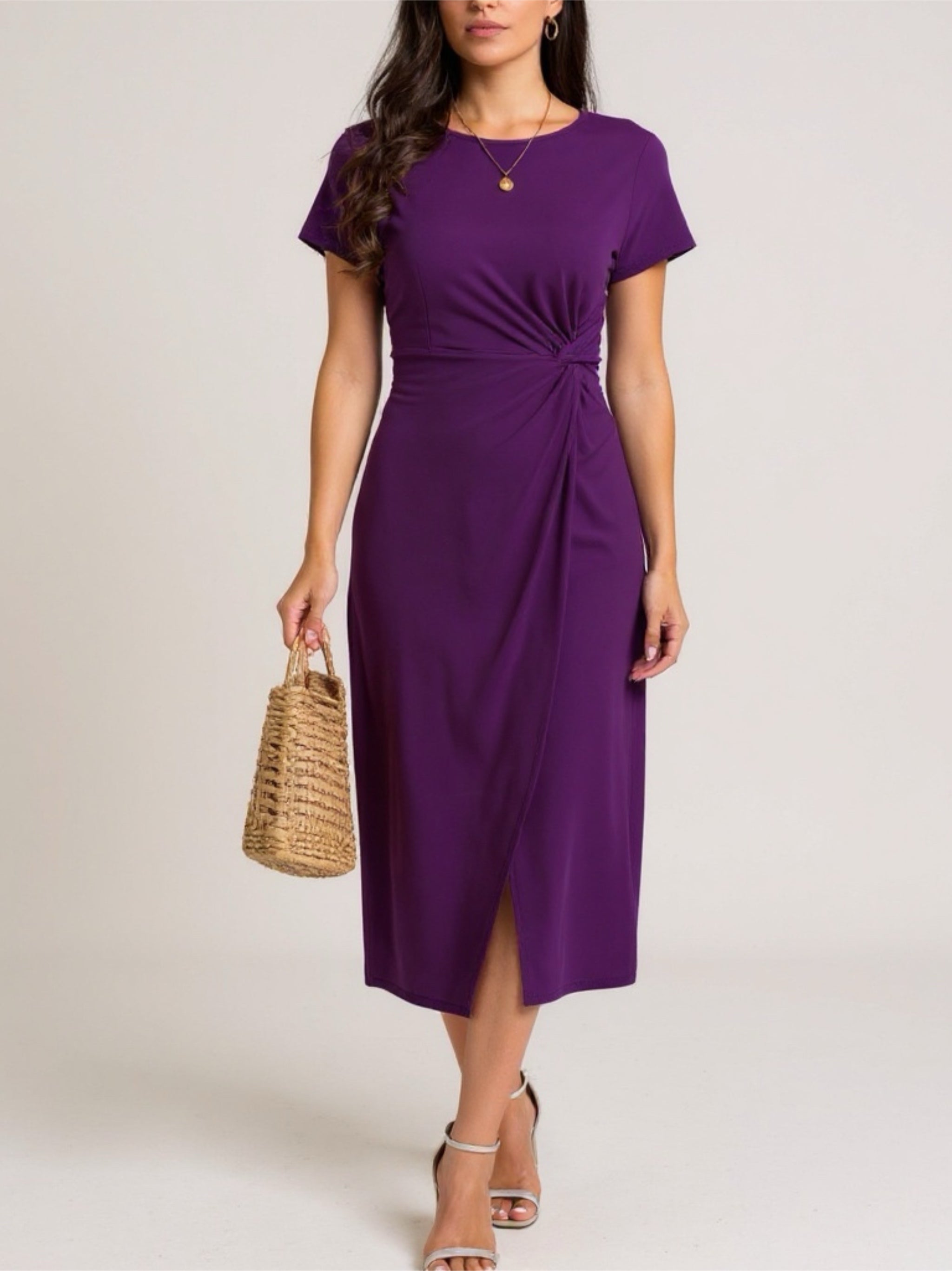 Round Neck Short Sleeve Midi Dress with Slit