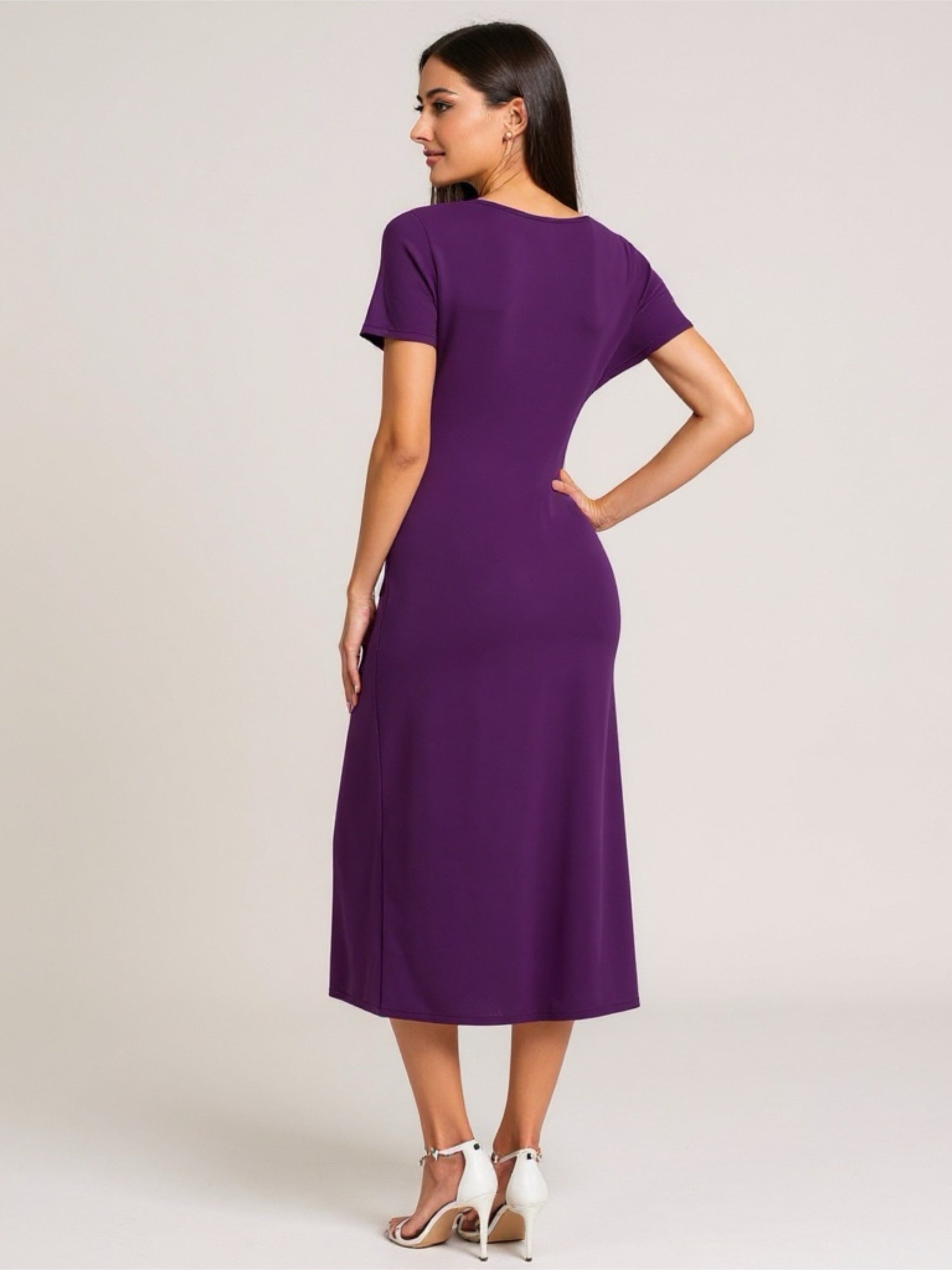 Round Neck Short Sleeve Midi Dress with Slit