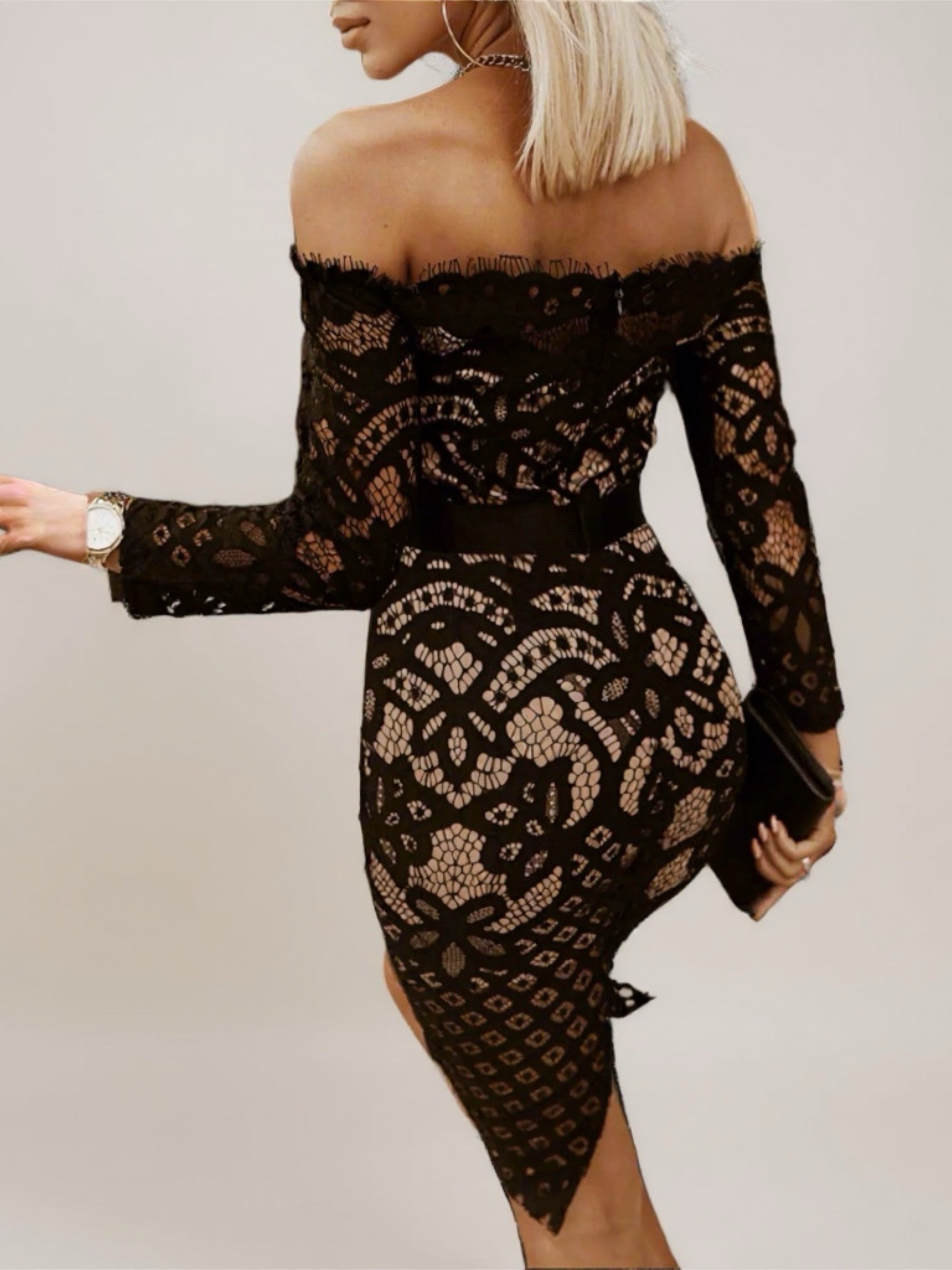 Black Off-Shoulder Long Sleeve Lace Dress