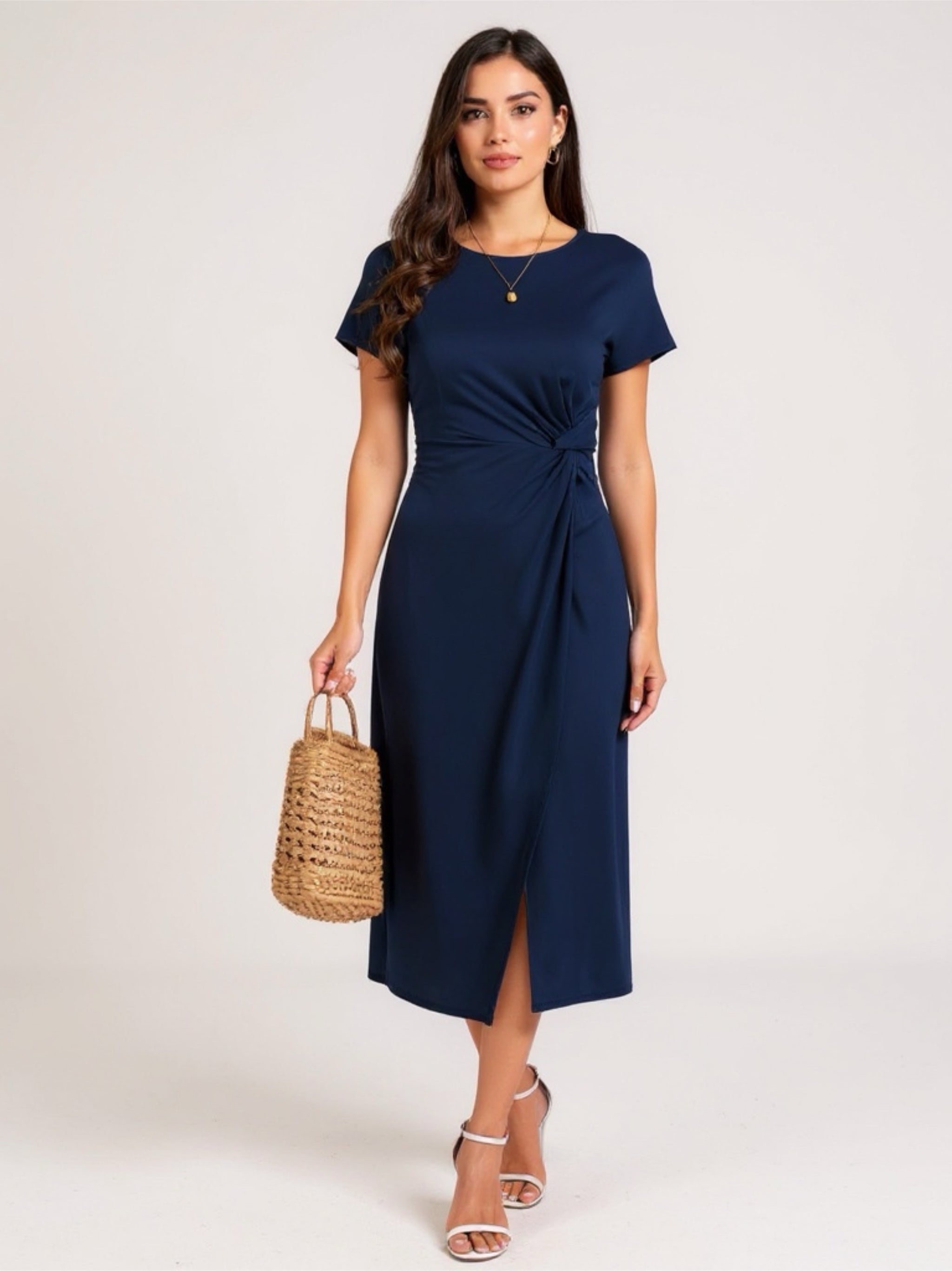 Round Neck Short Sleeve Midi Dress with Slit