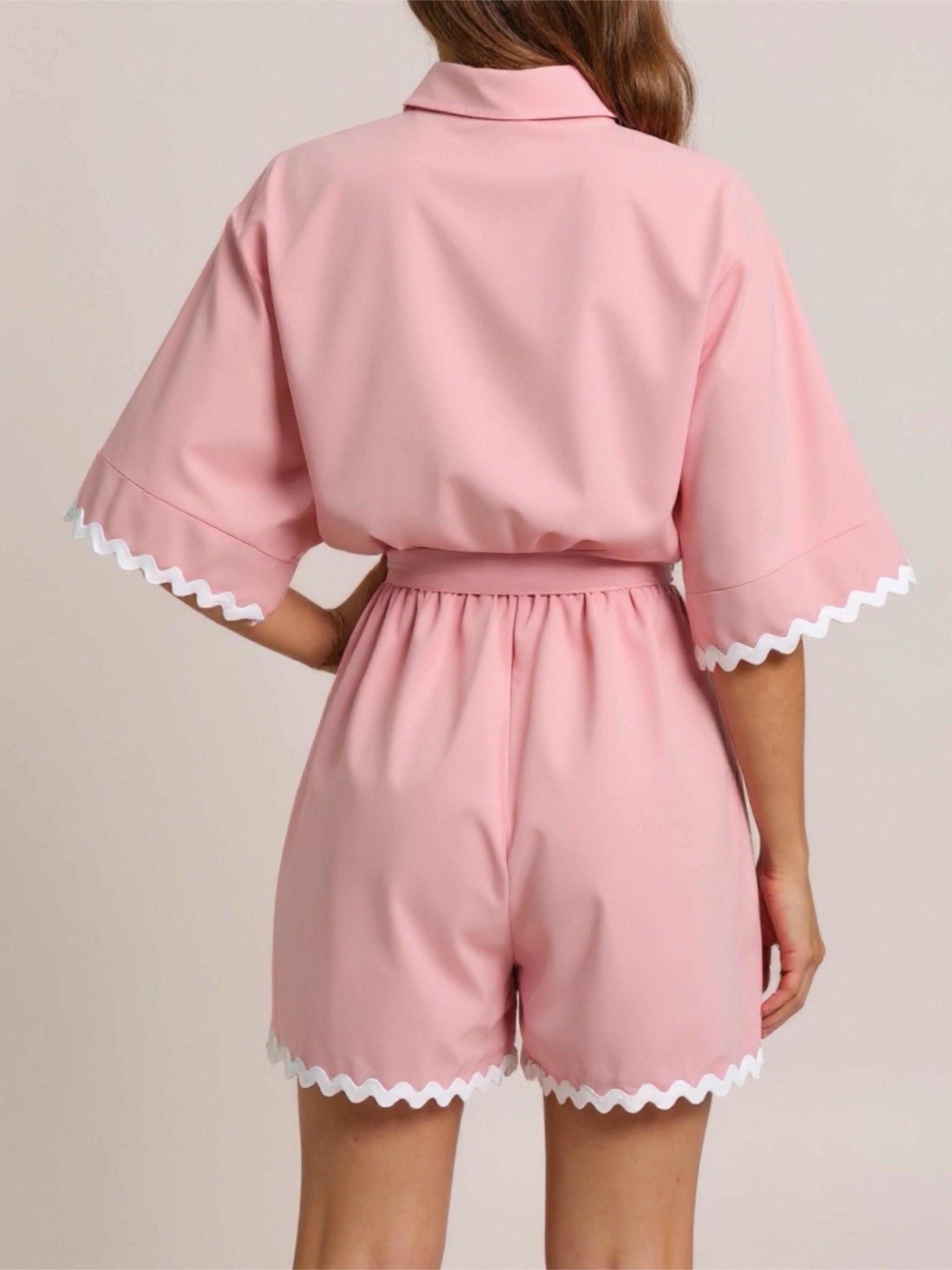 Contrast Trim Pink Short Sleeve Romper
