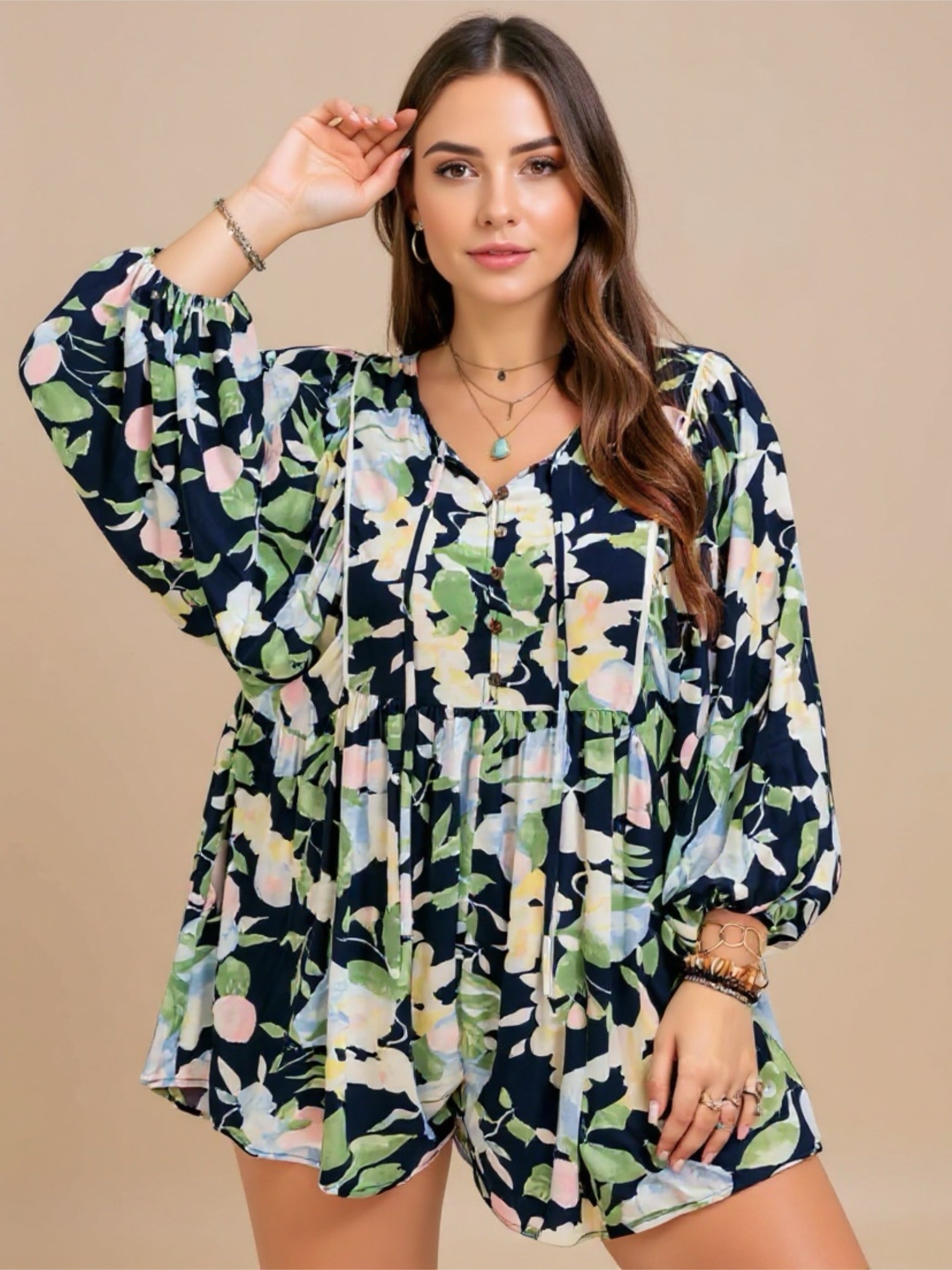 Blue Floral Long Sleeve Romper