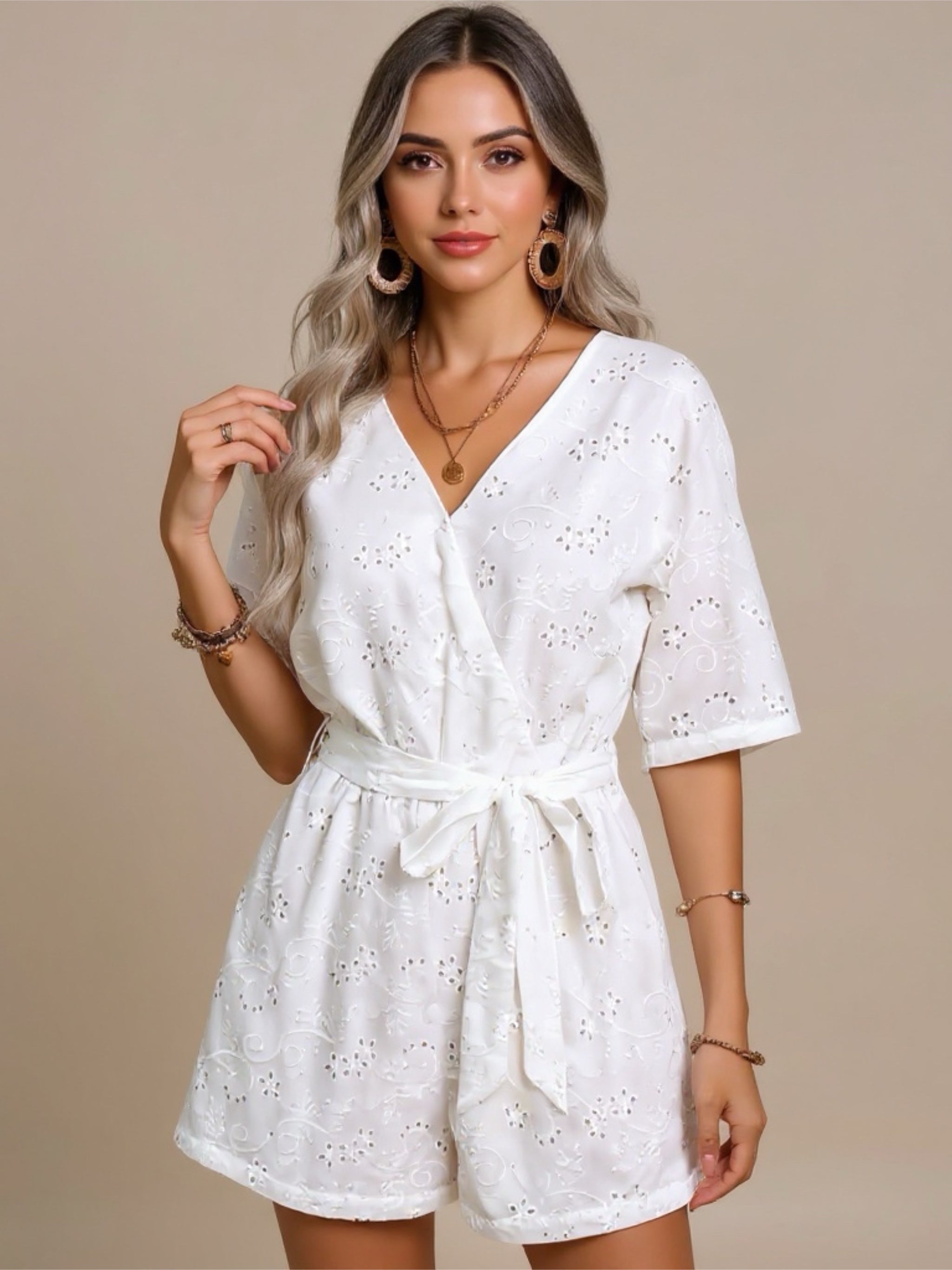 White Lace Short Sleeve Romper