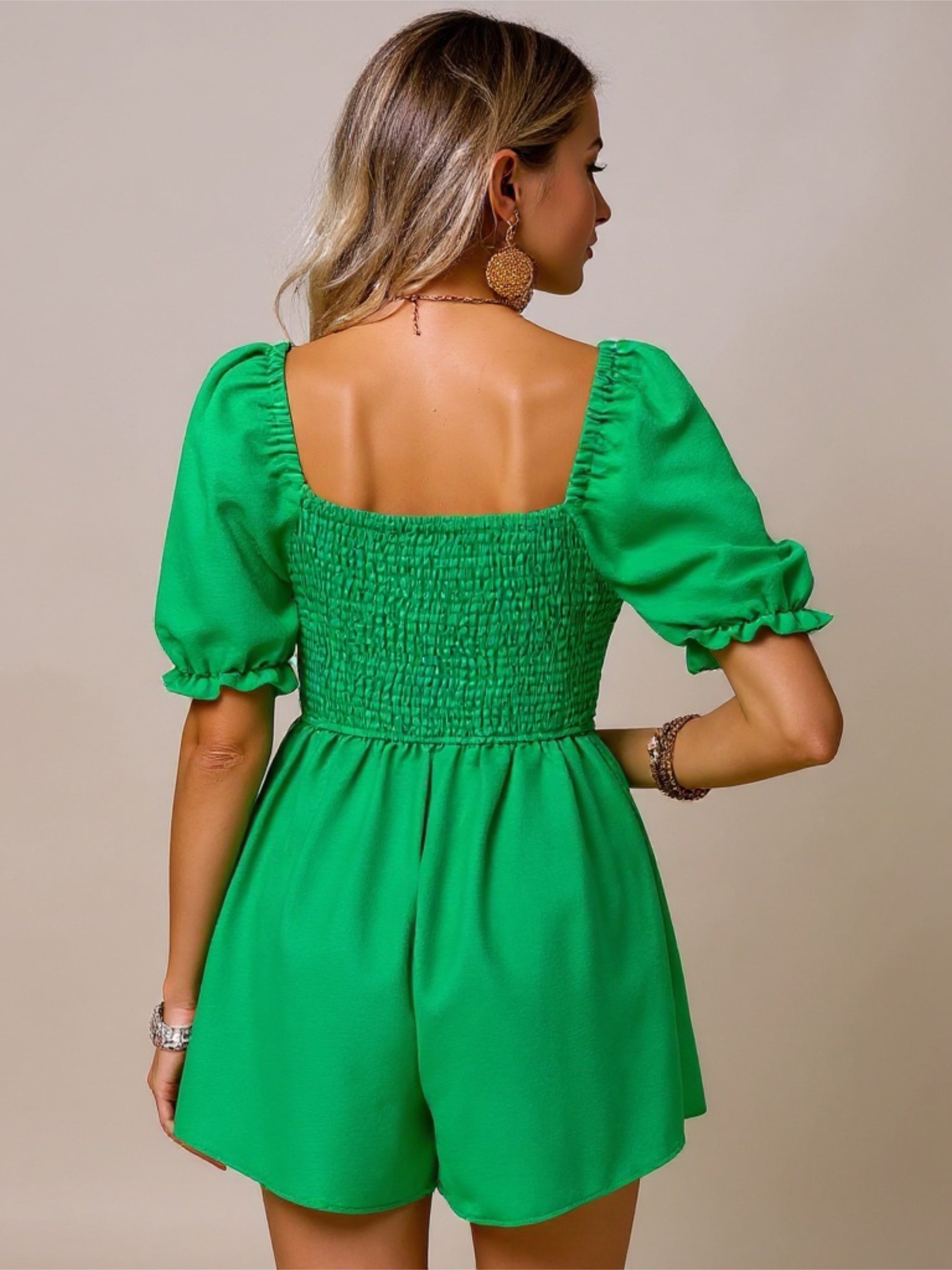 Green Square Neck Short Sleeve Romper