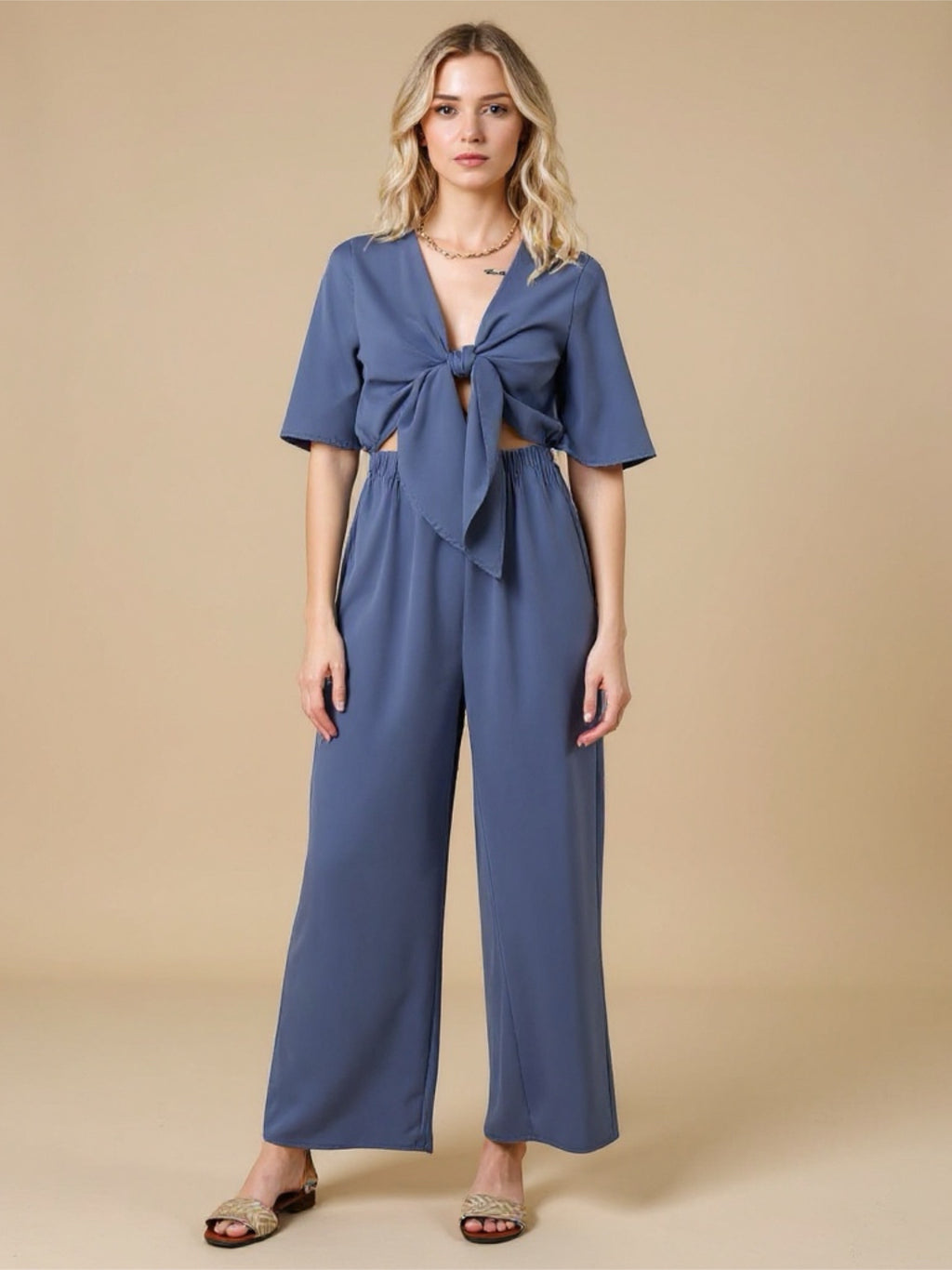 Tie Front Cutout Wide Leg Jumpsuit