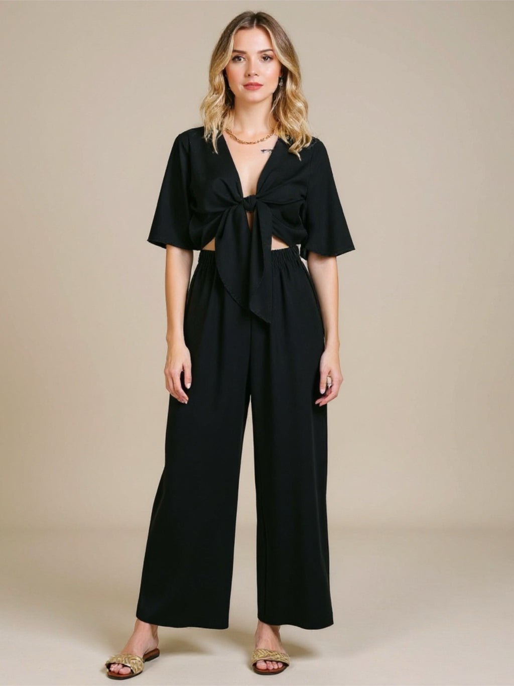 Tie Front Cutout Wide Leg Jumpsuit