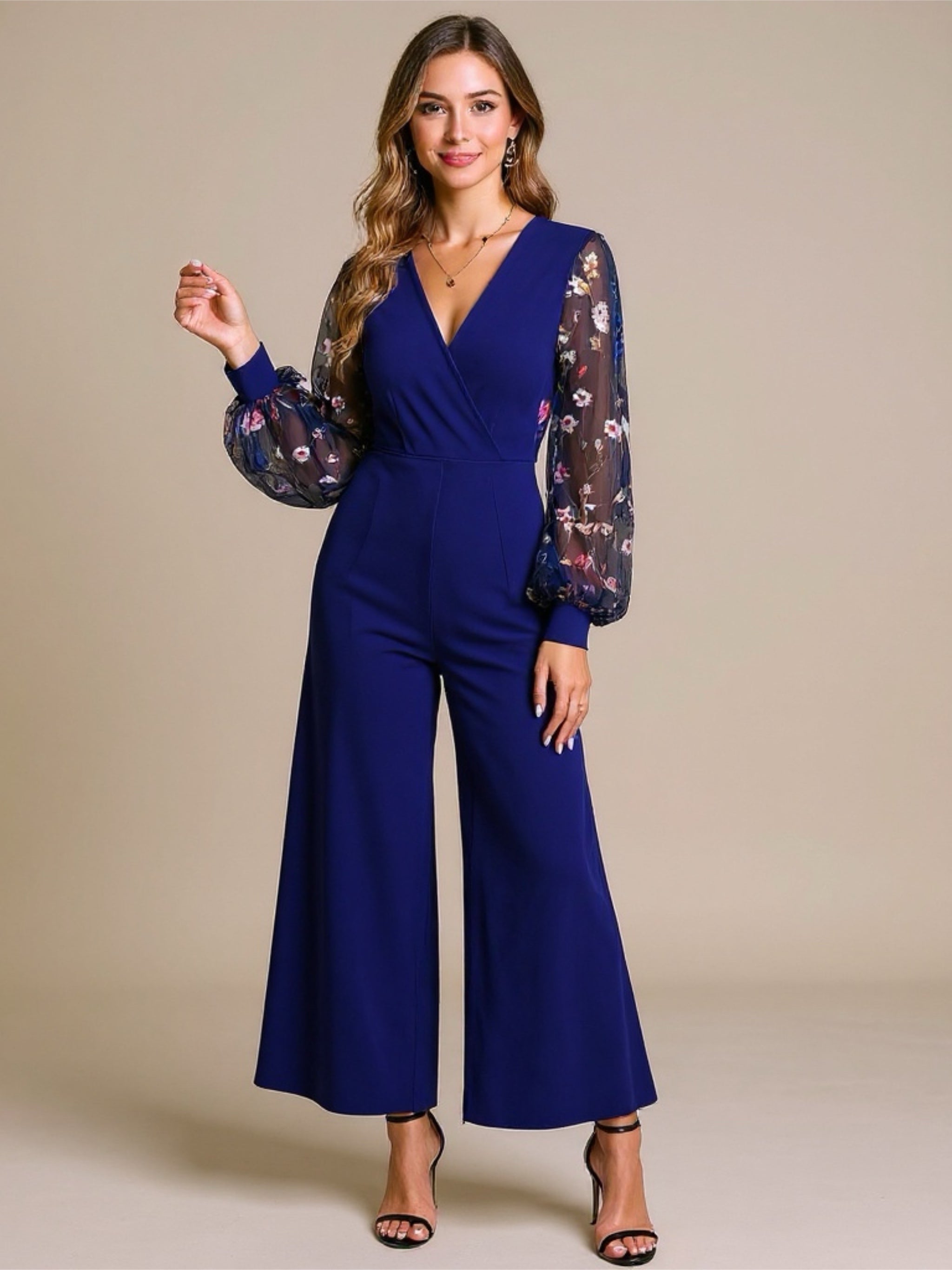 Dark Blue Wide Leg Jumpsuit with Embroidered Floral Sleeves