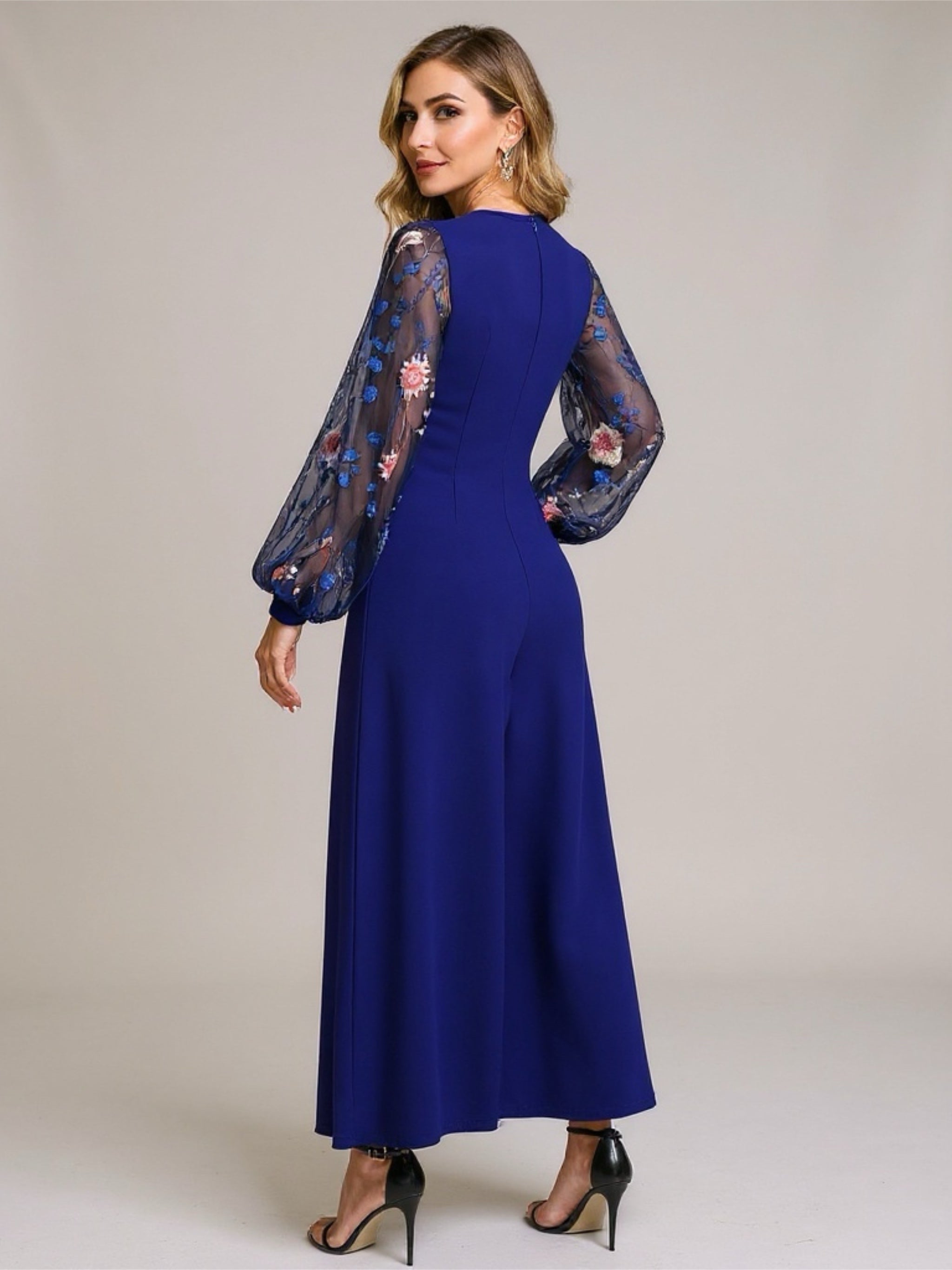 Dark Blue Wide Leg Jumpsuit with Embroidered Floral Sleeves
