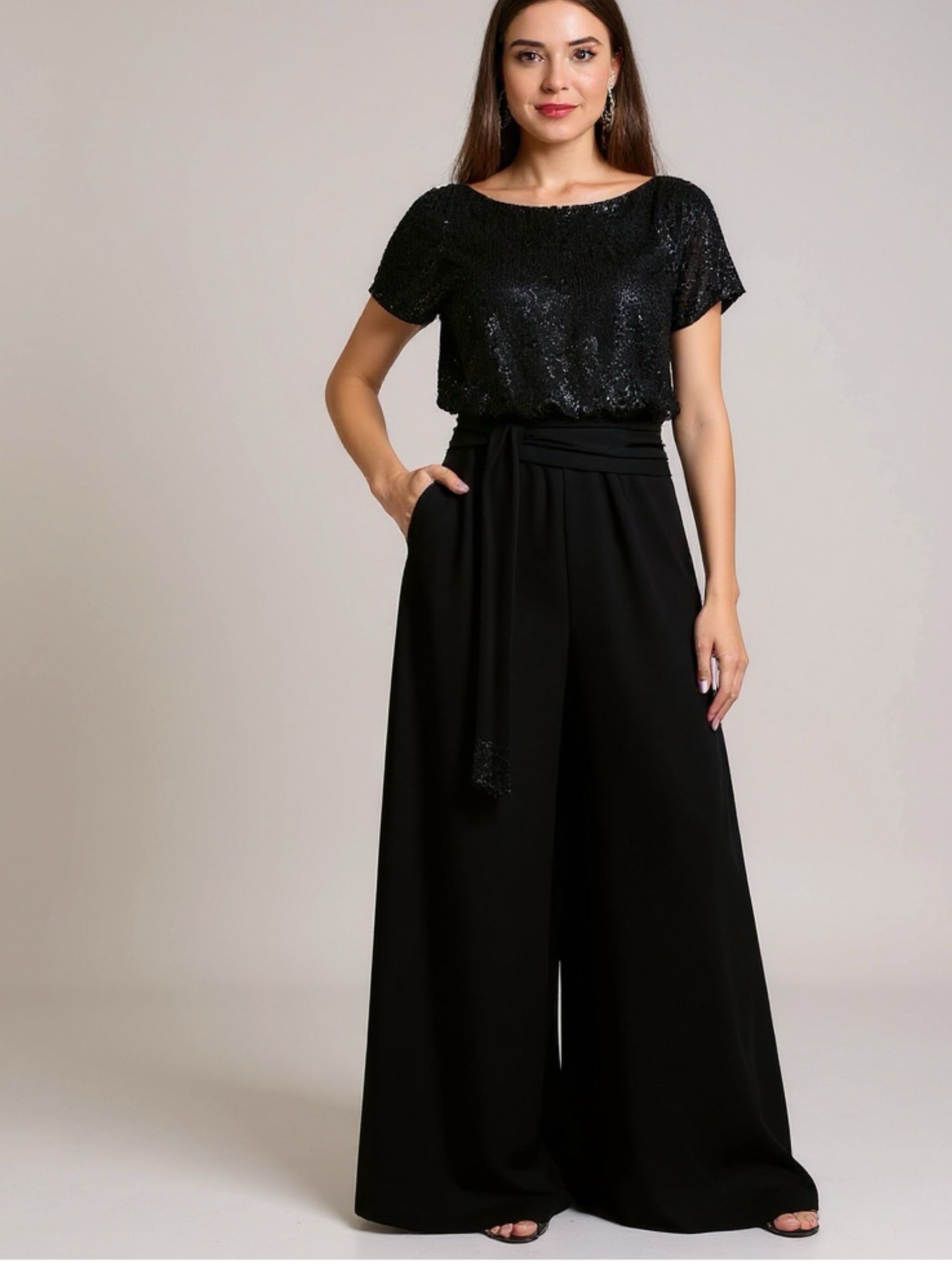 Sequin Short Sleeve Wide Leg Jumpsuit