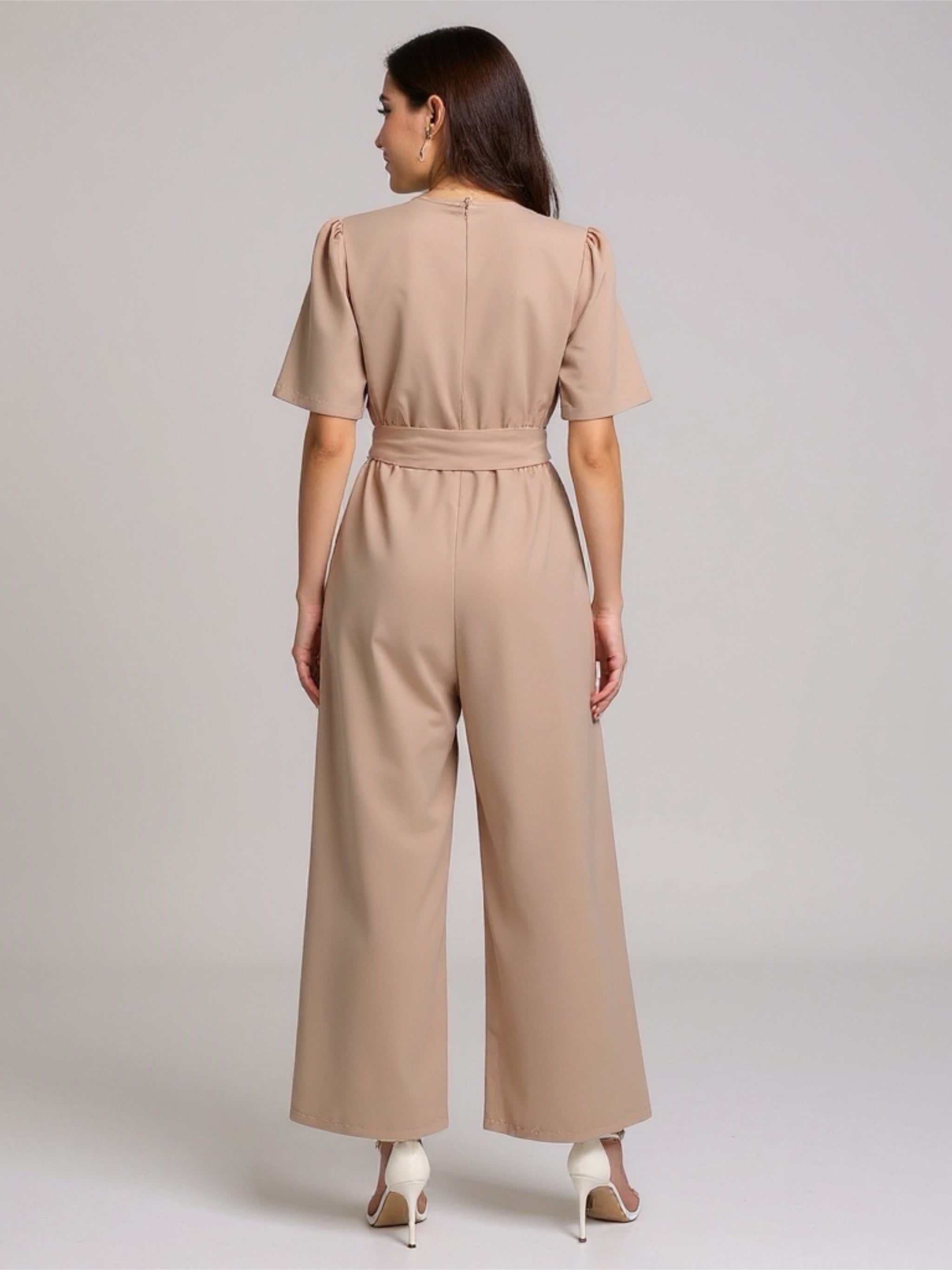 Tan Short Sleeve Wide Leg Jumpsuit