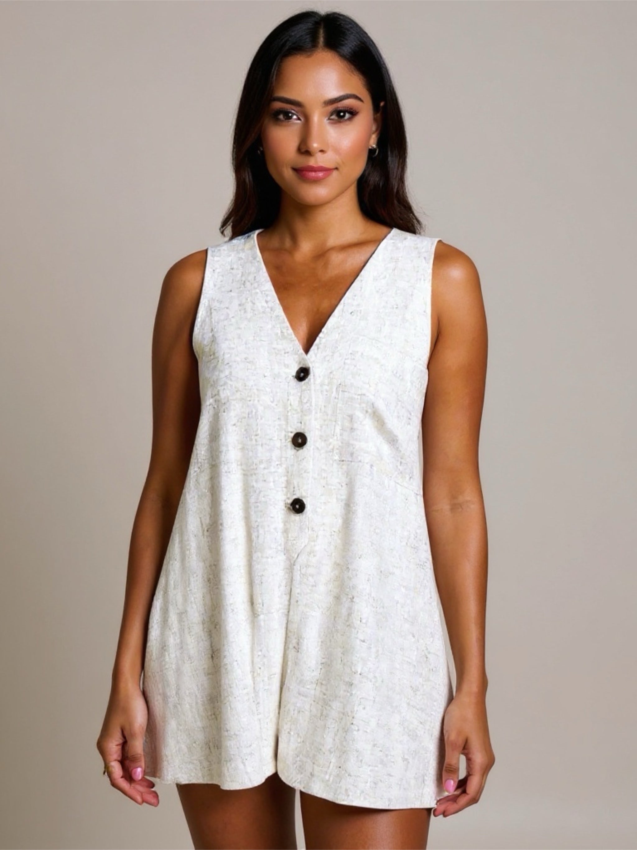 Beige V-Neck Button Up Romper