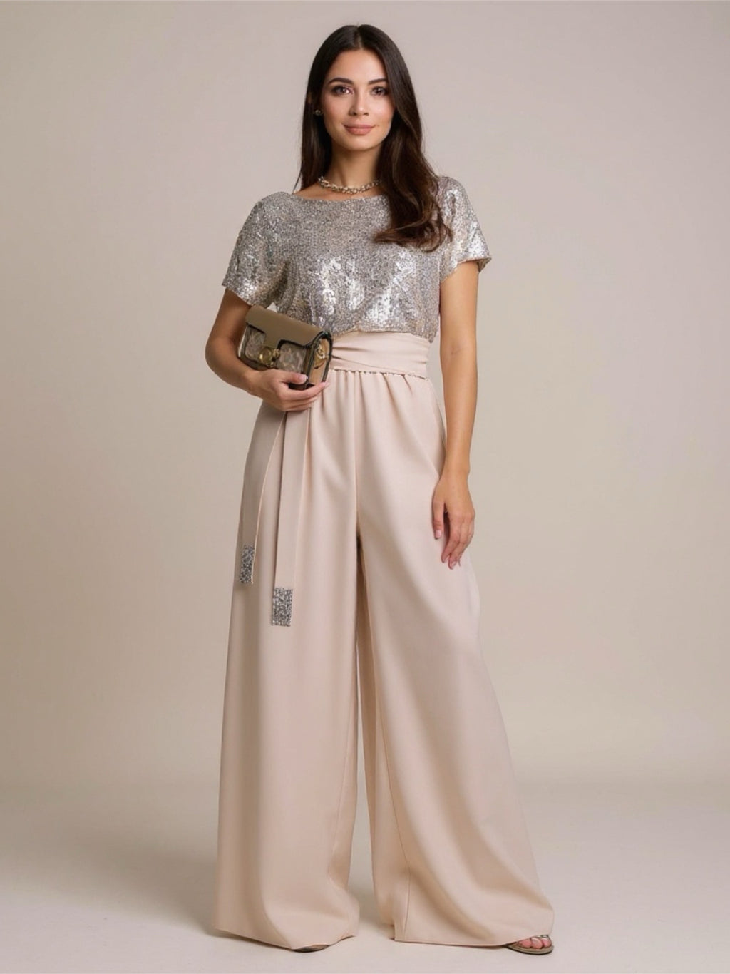 Sequin Short Sleeve Wide Leg Jumpsuit