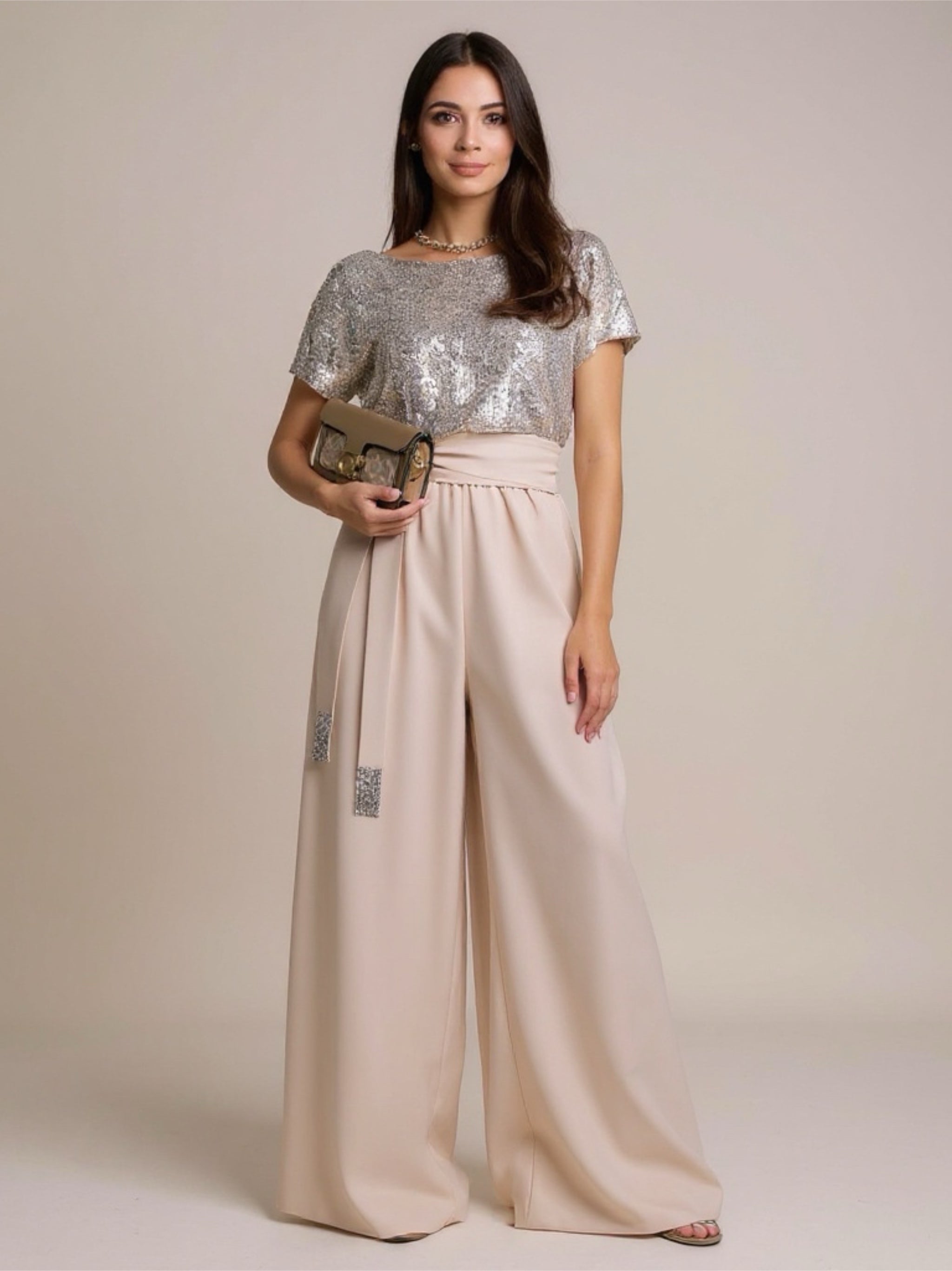 Sequin Short Sleeve Wide Leg Jumpsuit