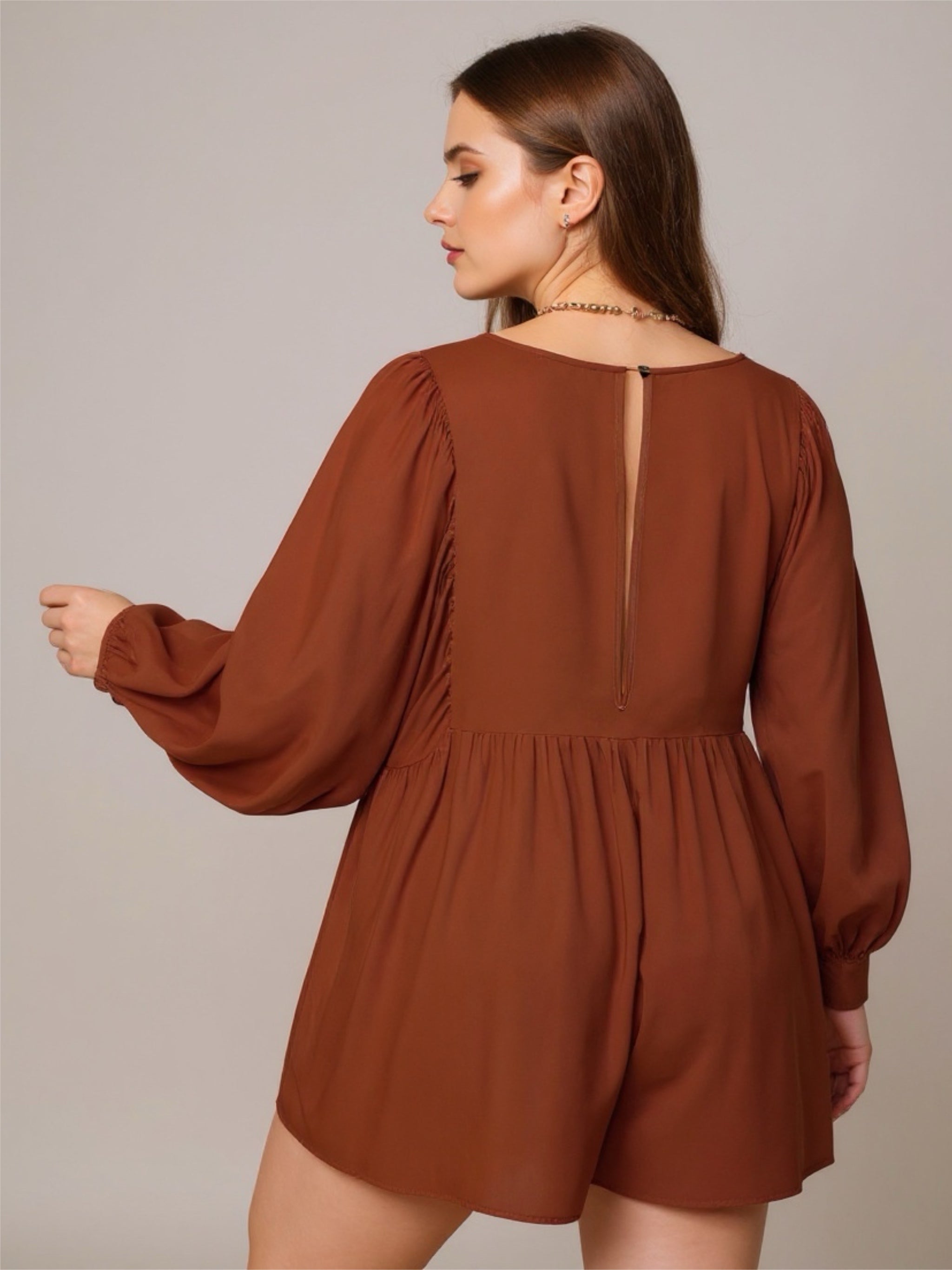 Caramel Balloon Sleeve Romper