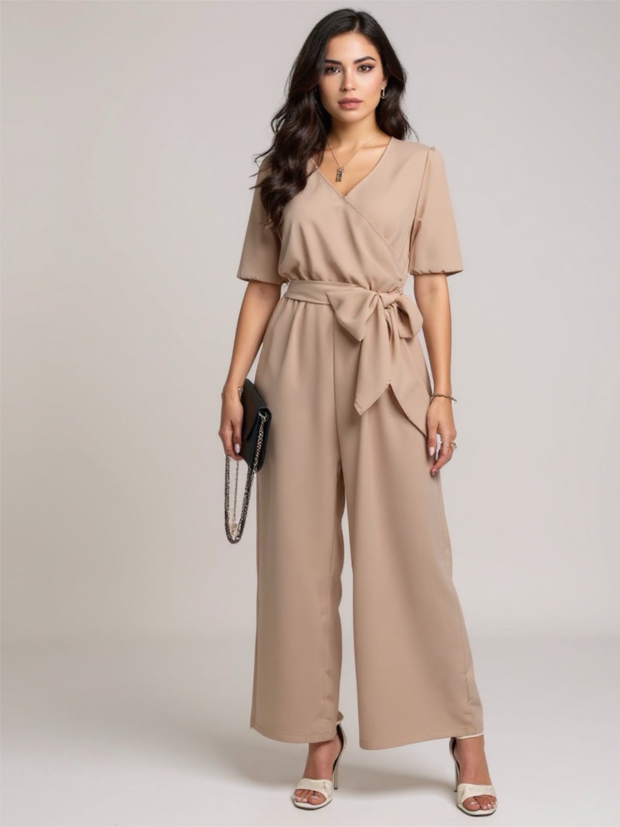 Tan Short Sleeve Wide Leg Jumpsuit