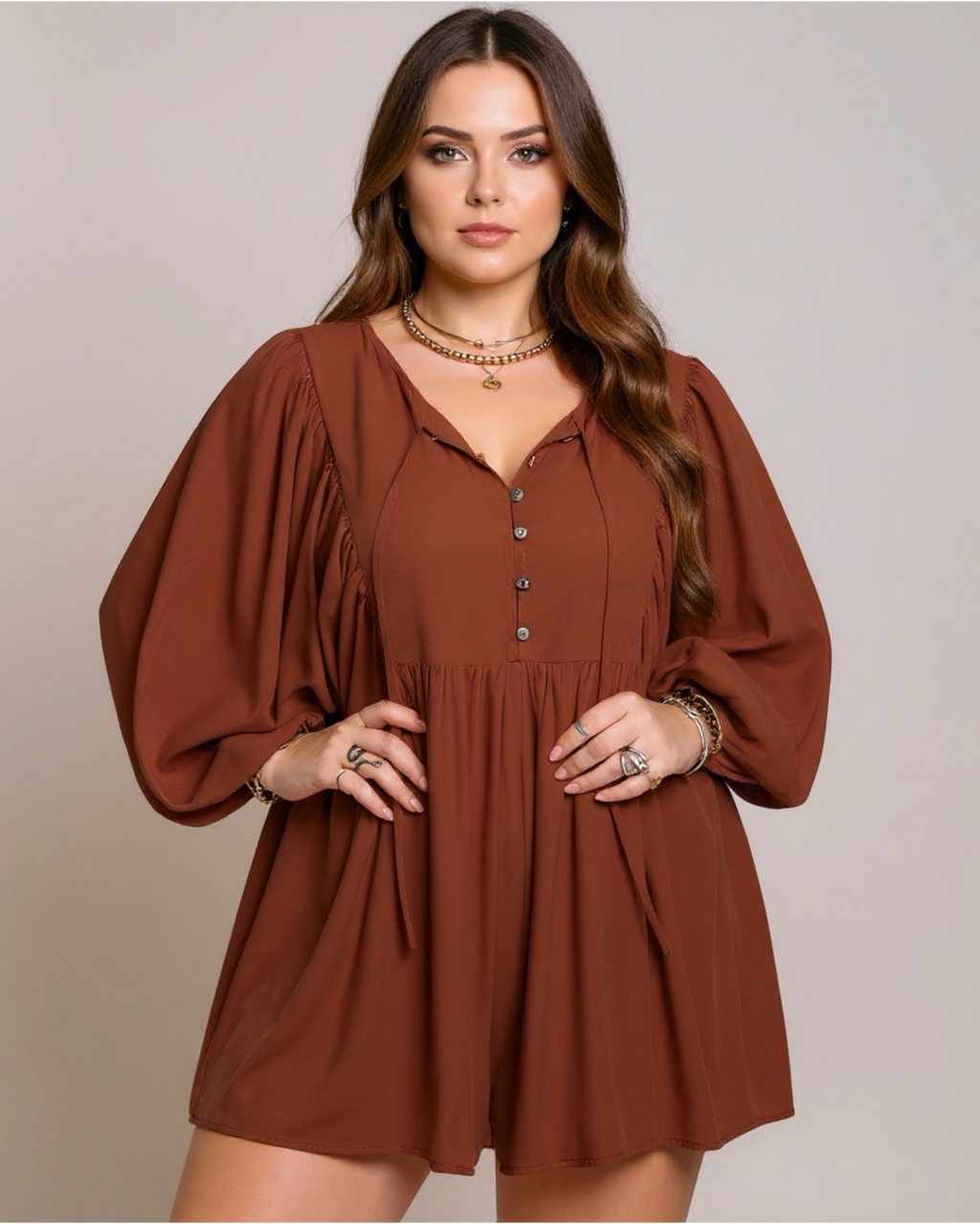 Caramel Balloon Sleeve Romper