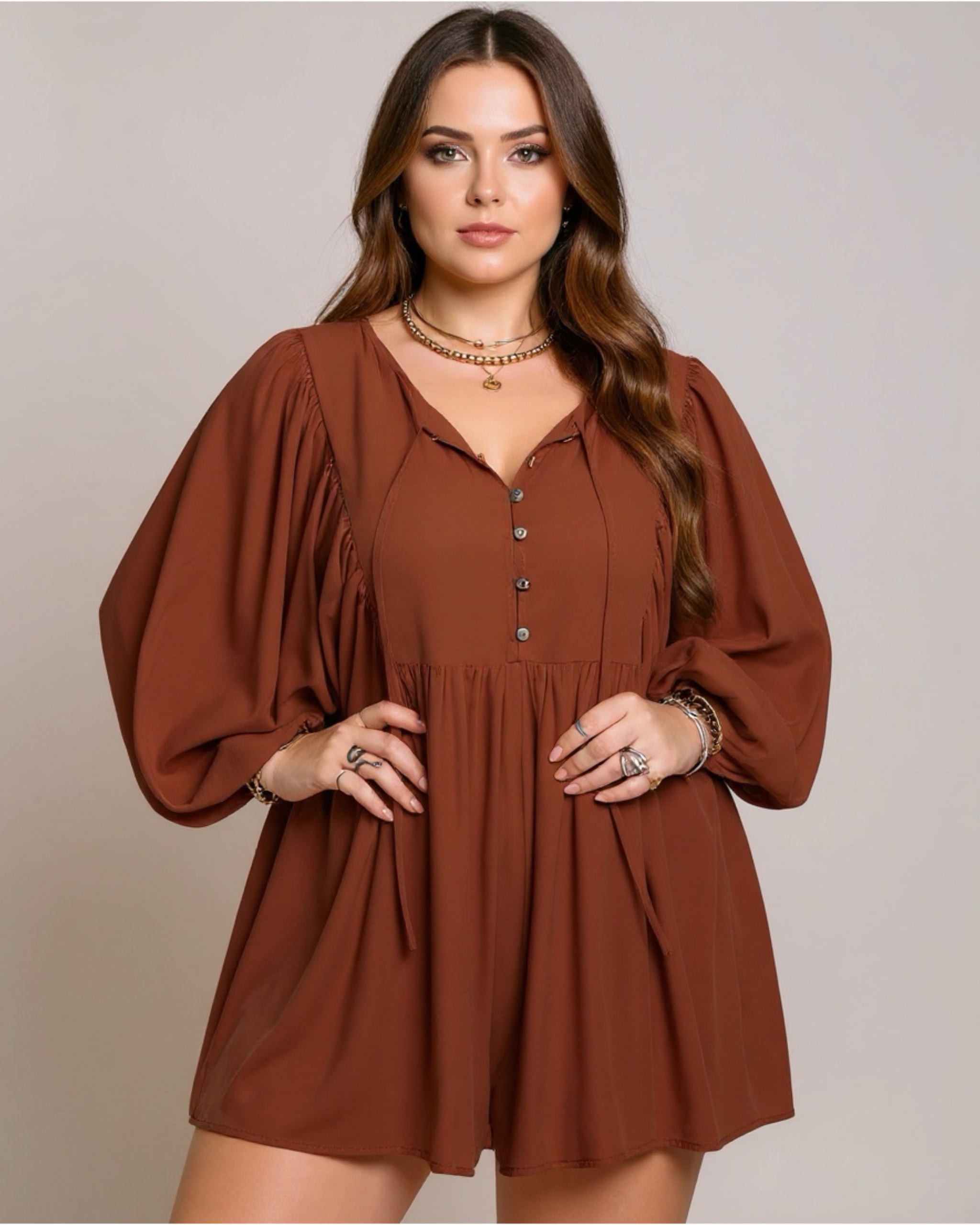 Caramel Balloon Sleeve Romper