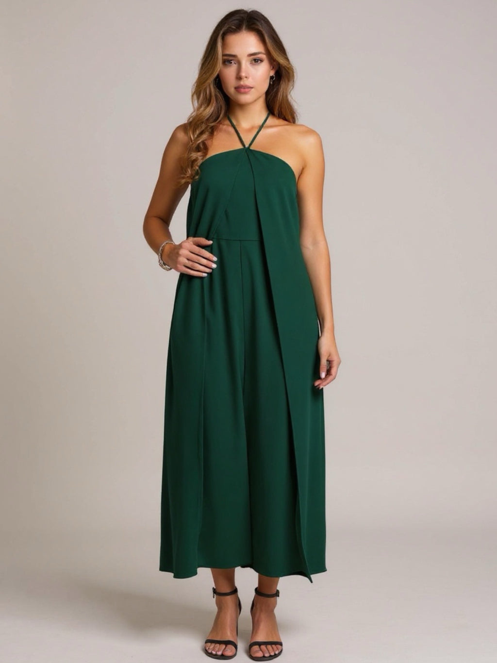 Dark Green Halter Neck Wide Leg Jumpsuit