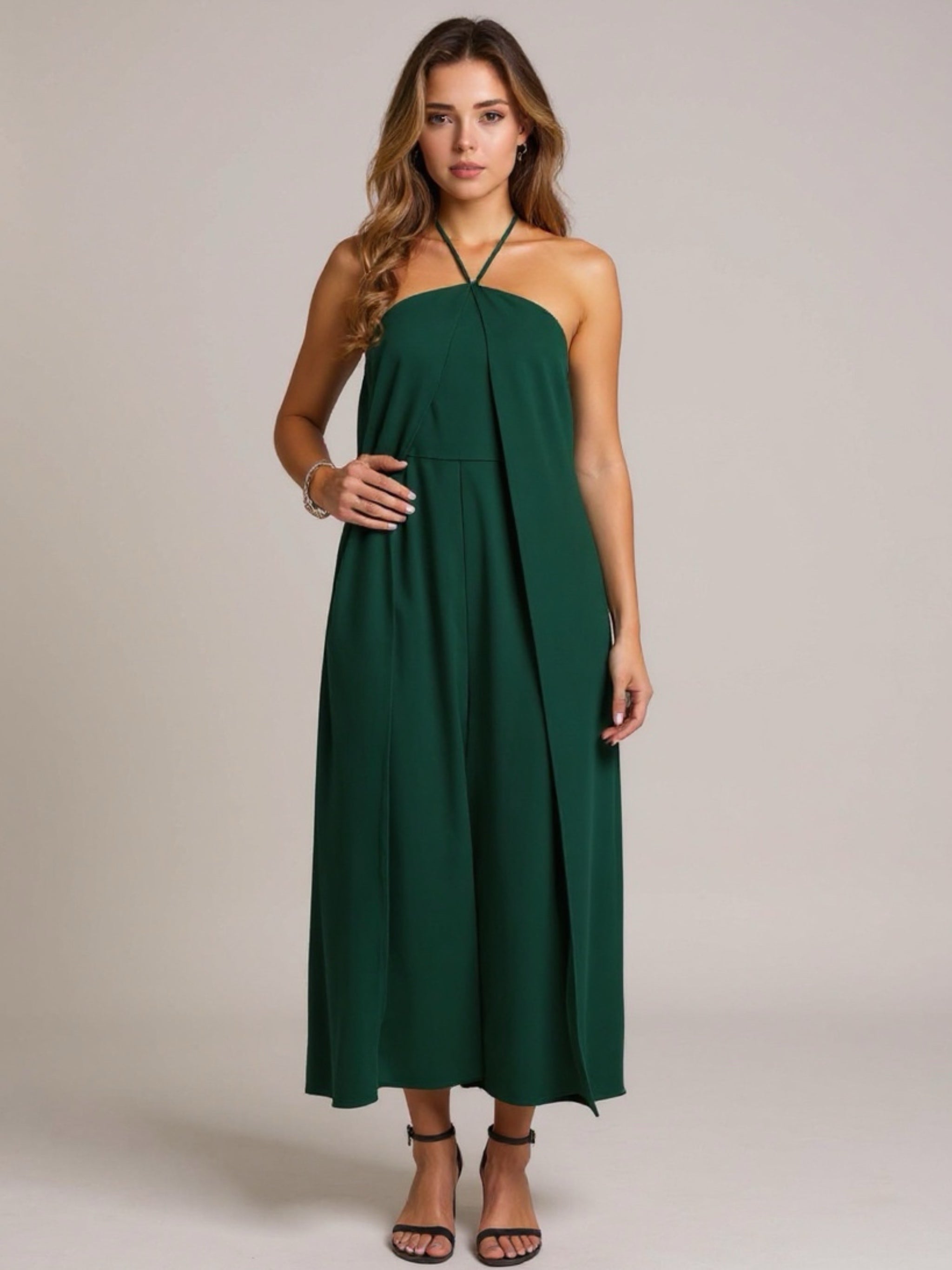Dark Green Halter Neck Wide Leg Jumpsuit