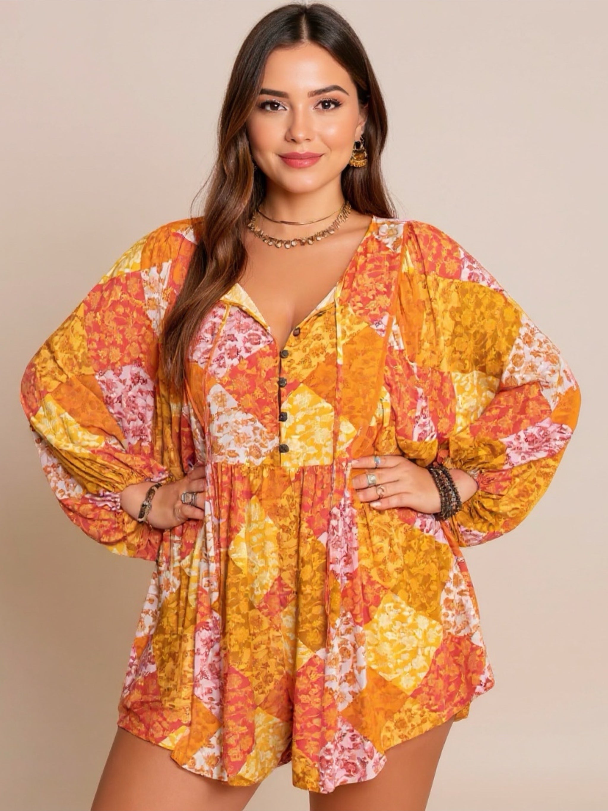 Floral Balloon Sleeve Romper