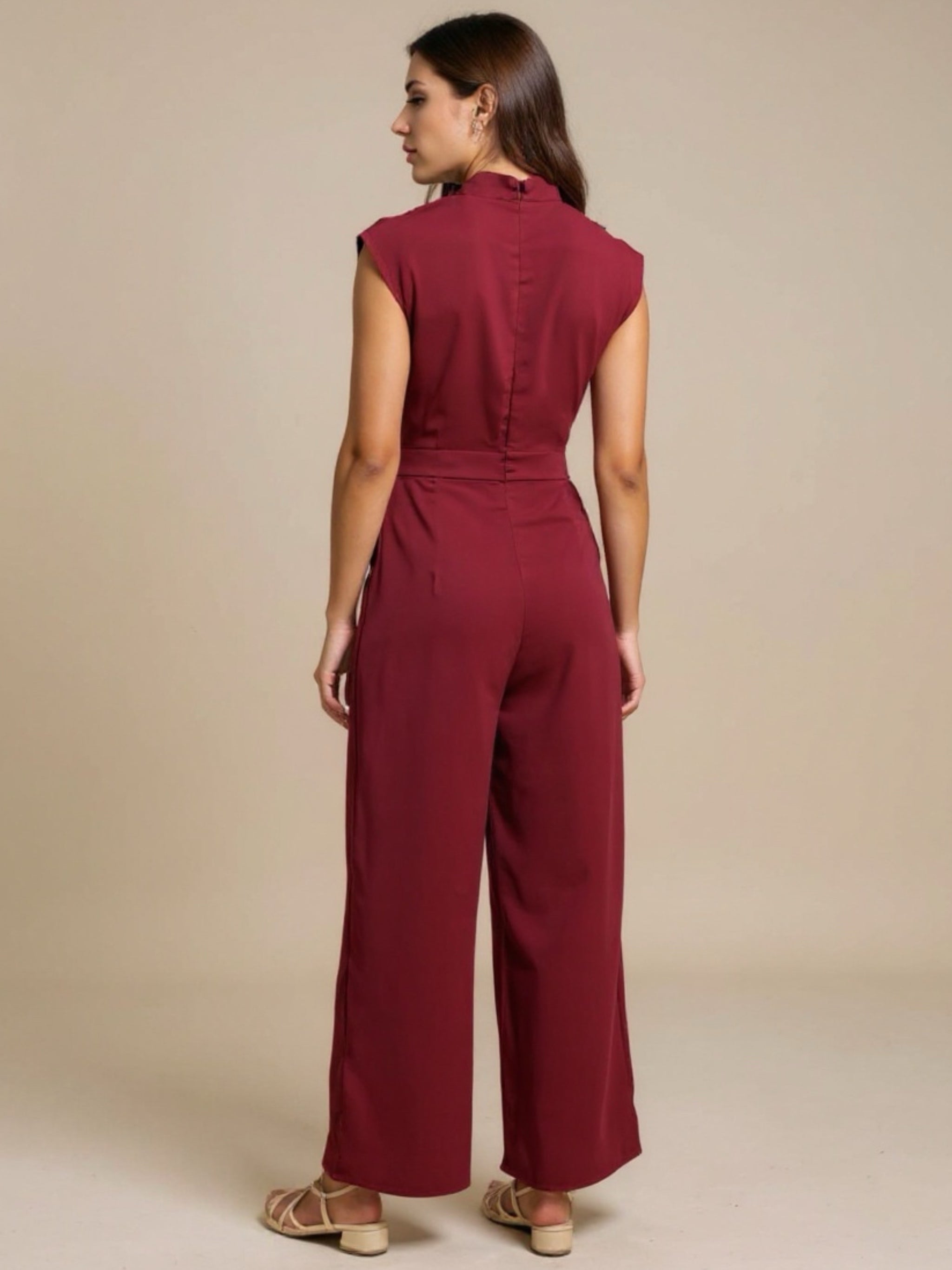 Ruched Mock Neck Sleeveless Jumpsuit