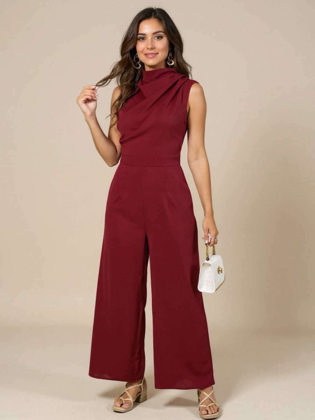 Ruched Mock Neck Sleeveless Jumpsuit