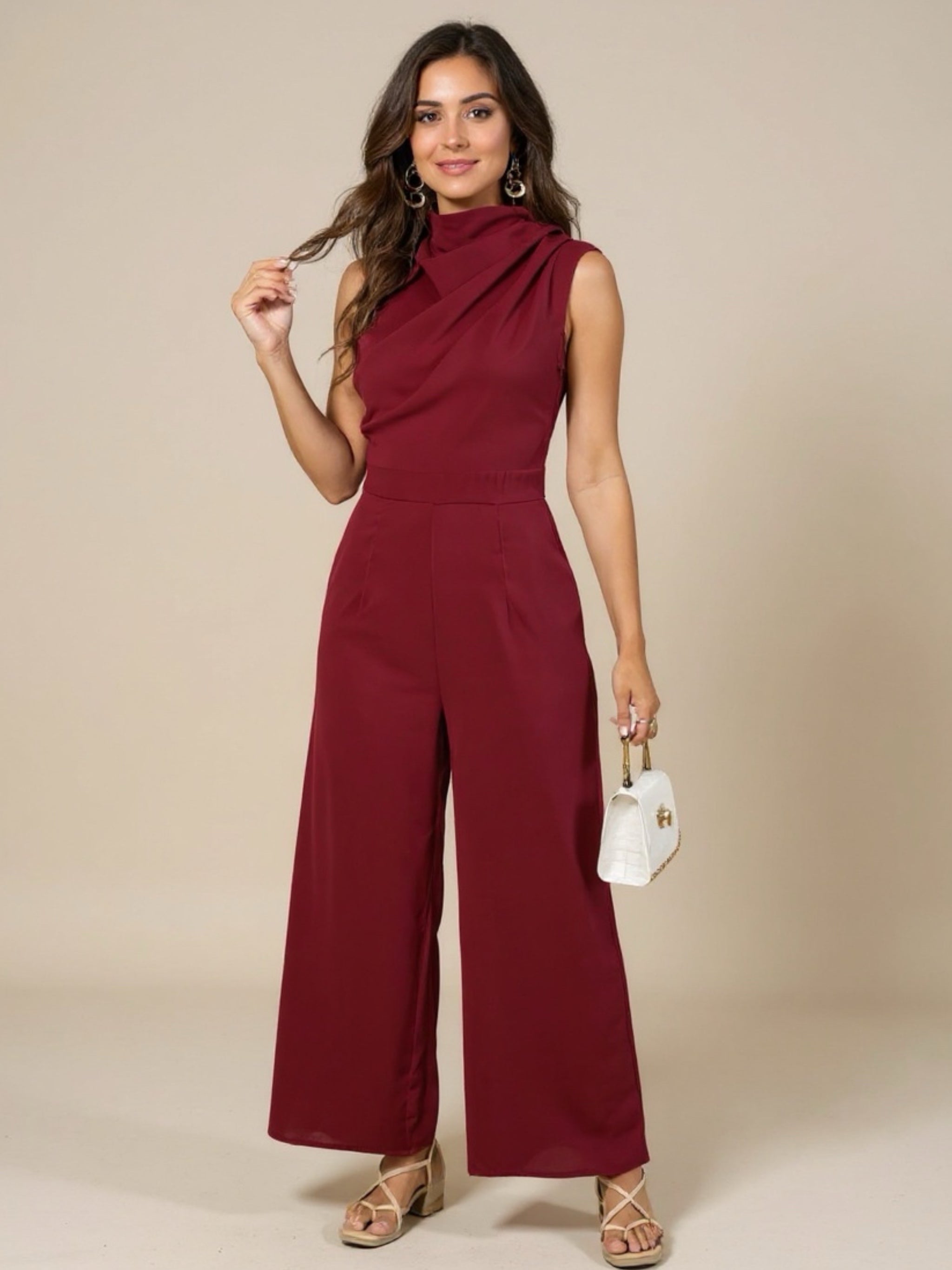 Ruched Mock Neck Sleeveless Jumpsuit