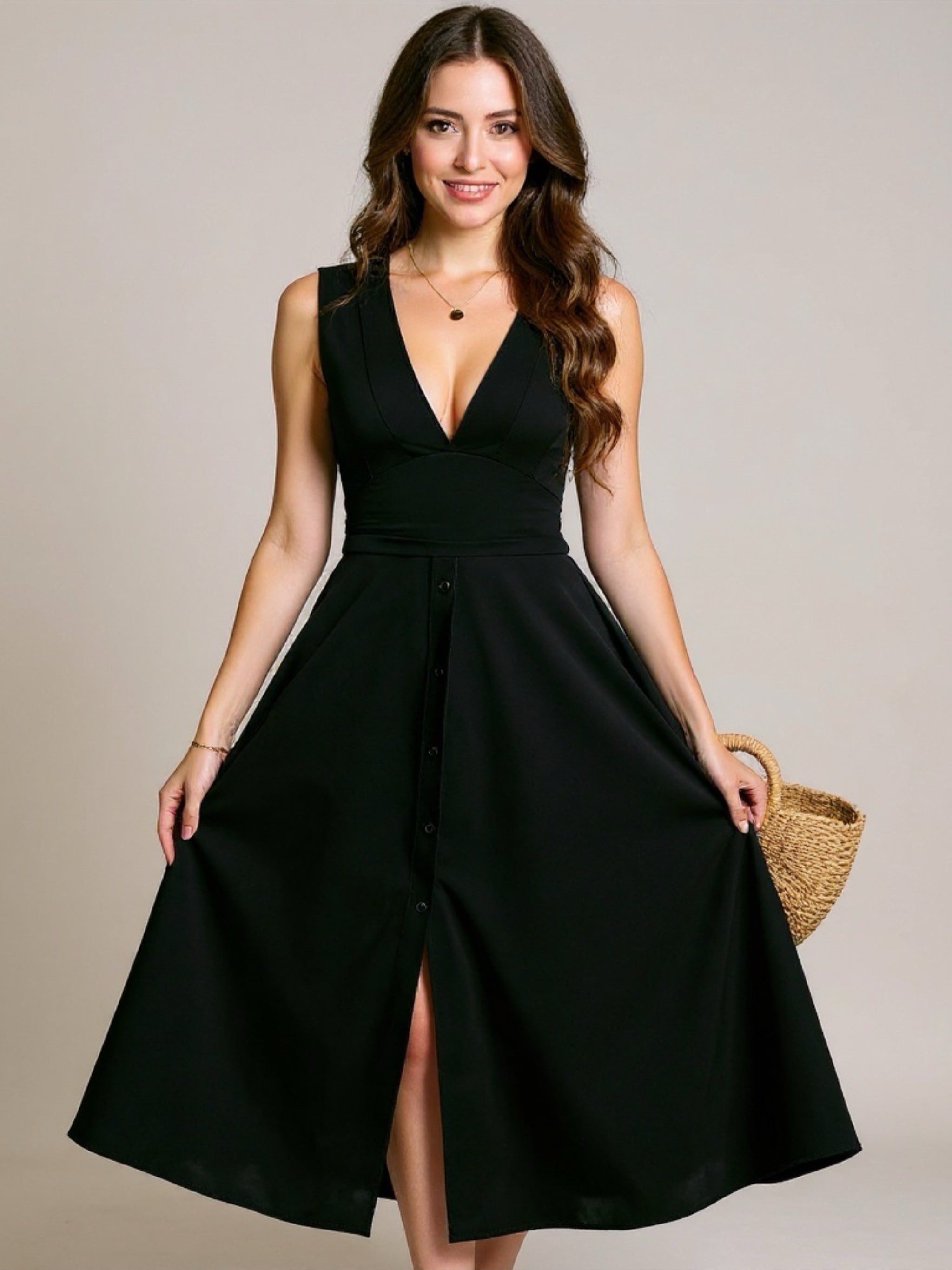 V-Neck Sleeveless Midi Dress with Slit
