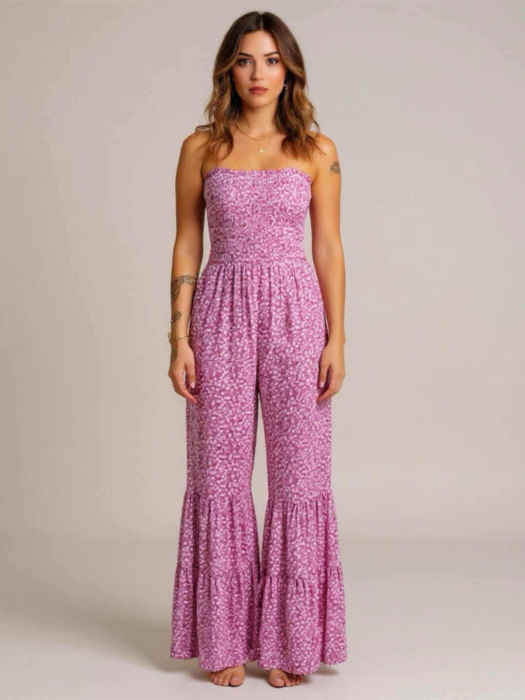 Smocked Printed Wide Strap Jumpsuit