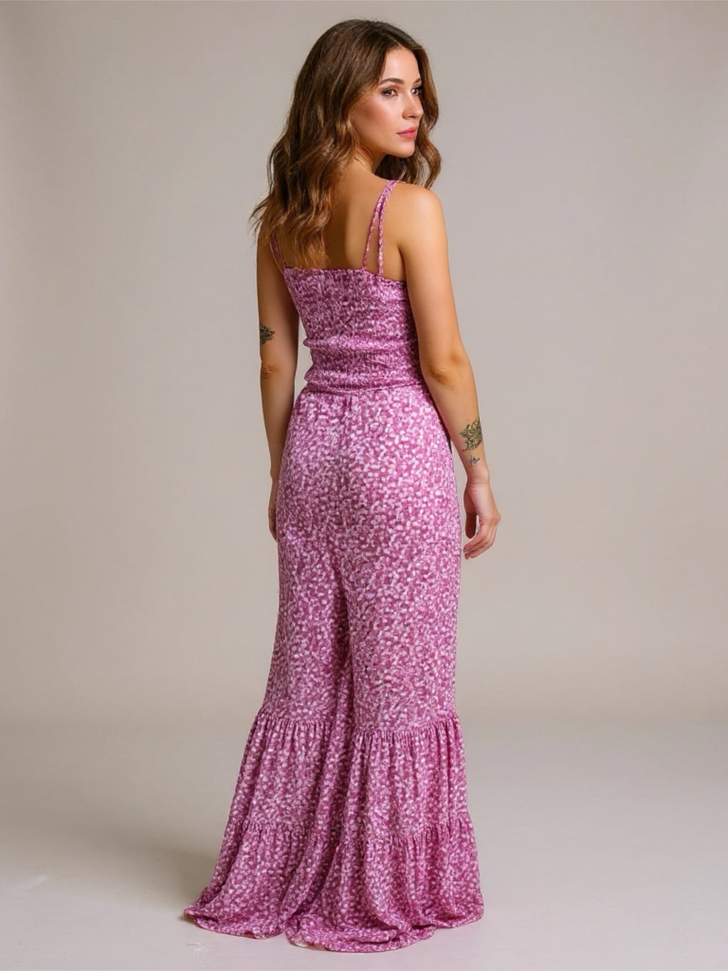 Smocked Printed Wide Strap Jumpsuit