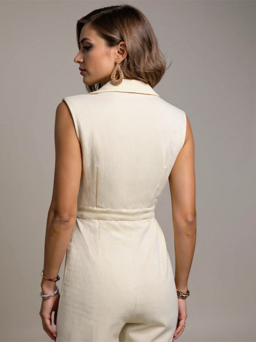 Cream Collared Neck Sleeveless Romper