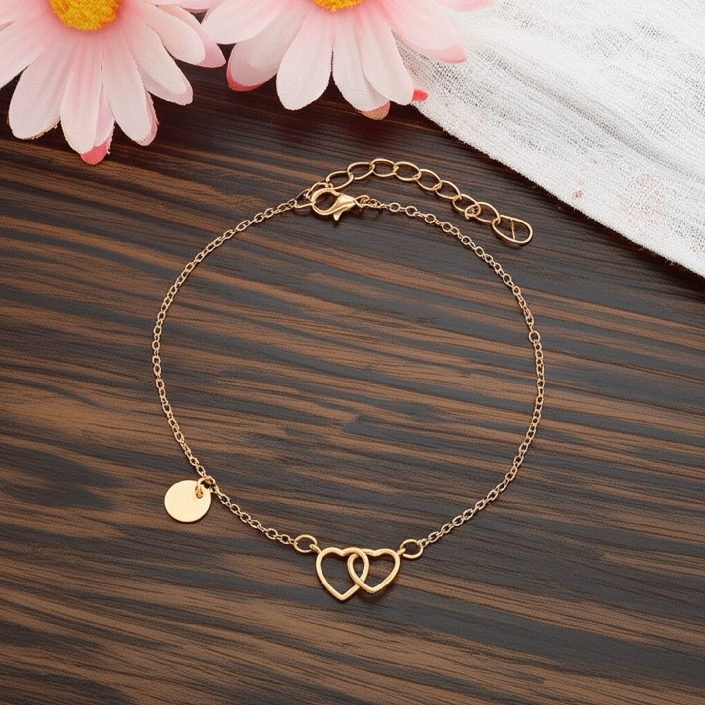 Double Heart Gold Toned Anklet
