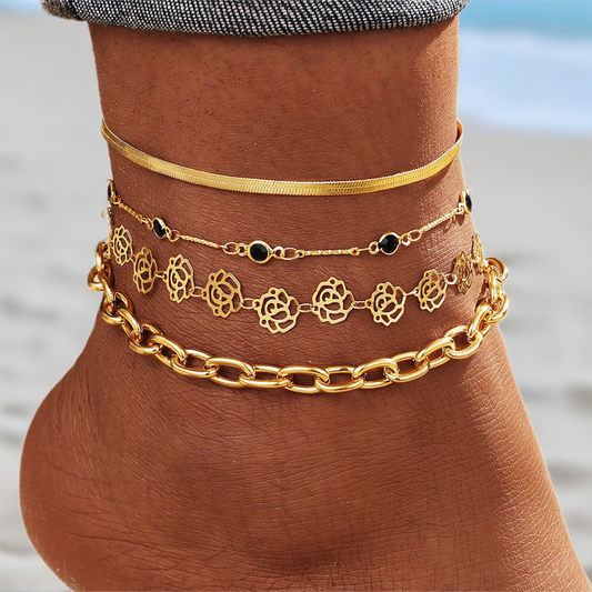 Set of 4 Gold Toned Chain Charm Anklets