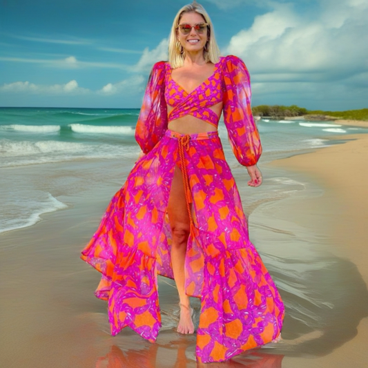Three Piece Pink Long Sleeve Bikini & Skirt Cover Up Set