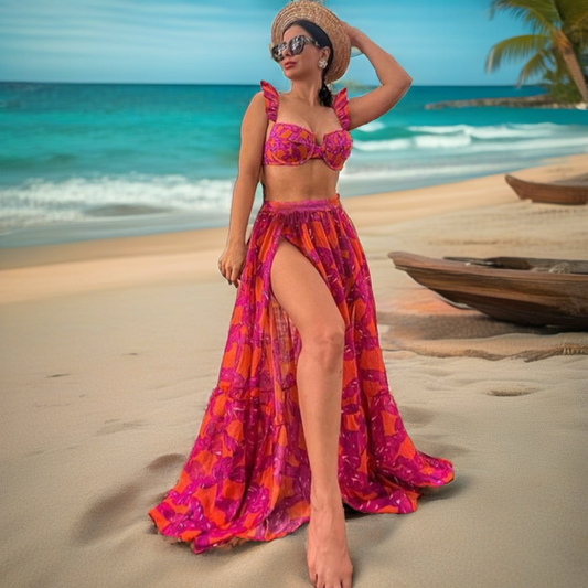 Three Piece Pink Bikini & Skirt Cover Up Set