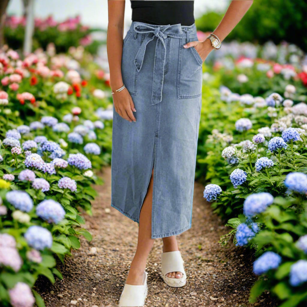 Tied Slit Denim Skirt