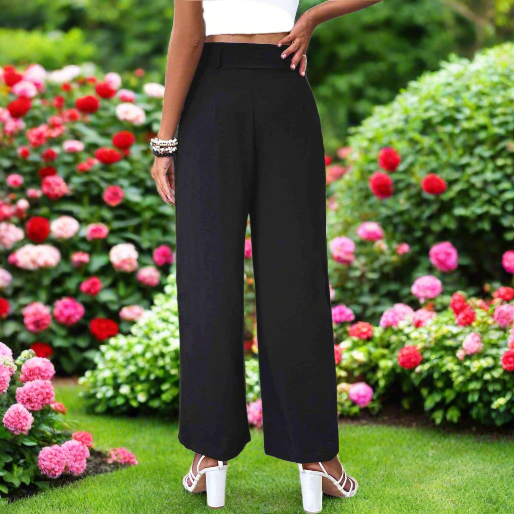 Ruched High Waist Straight Leg Black Trousers