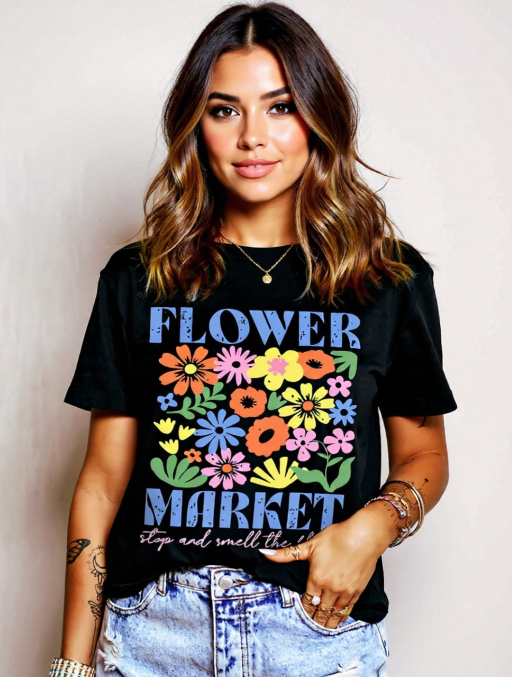 Black Graphic “Flower Market” T-Shirt