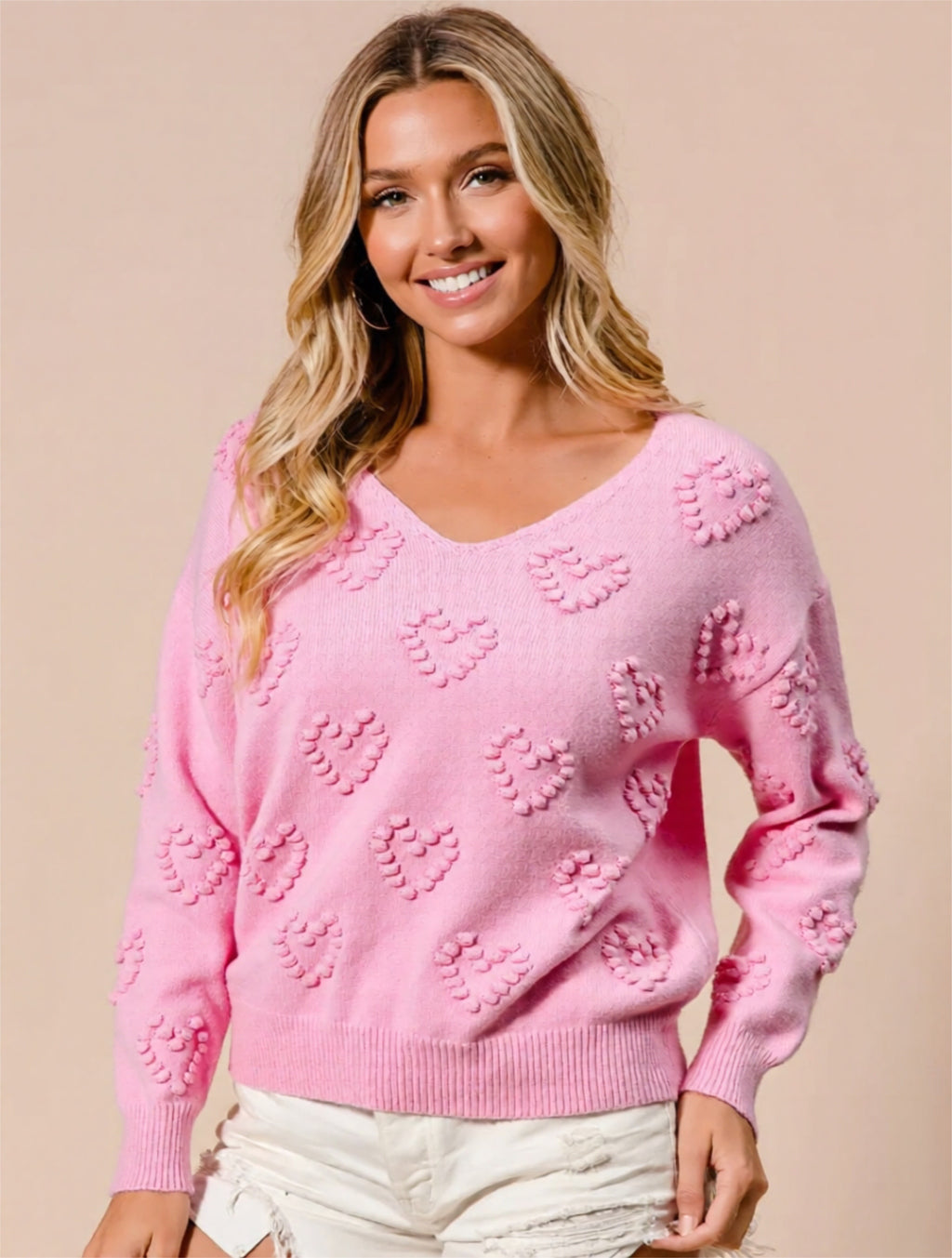 Valentine’s Heart Pompom V-Neck Knit Sweater