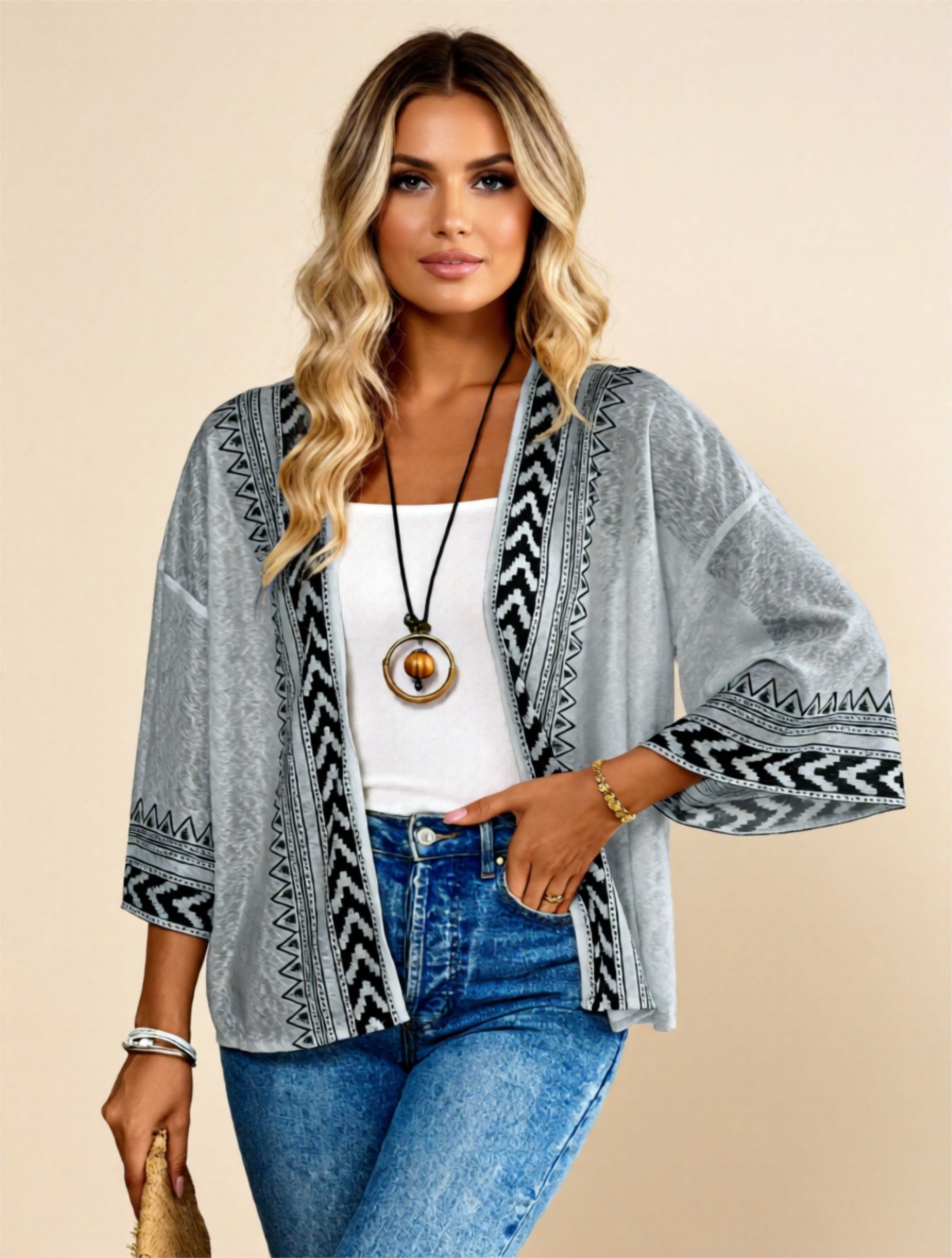 Sheer Boho Kimono Cardigan with Tribal Trim