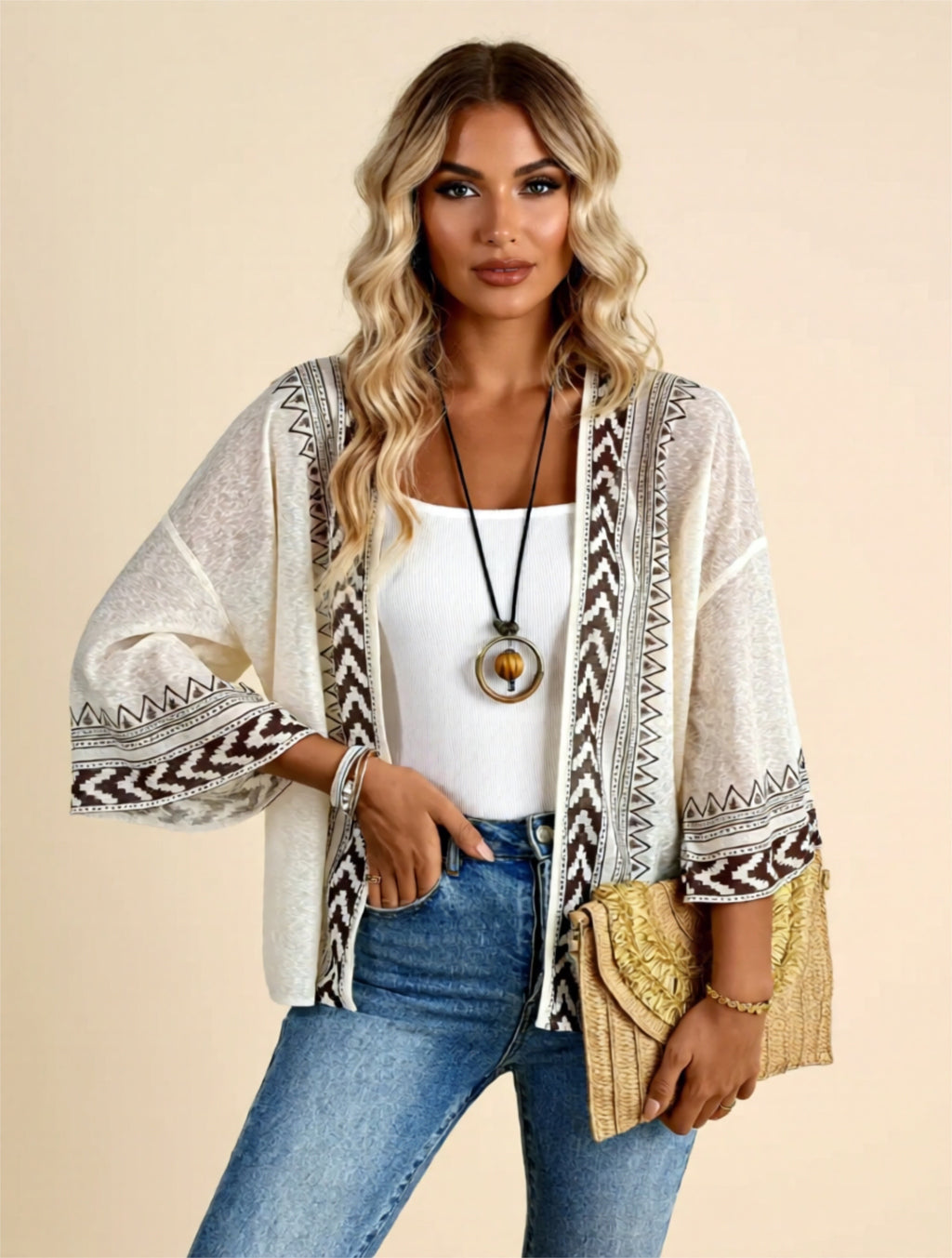 Sheer Boho Kimono Cardigan with Tribal Trim