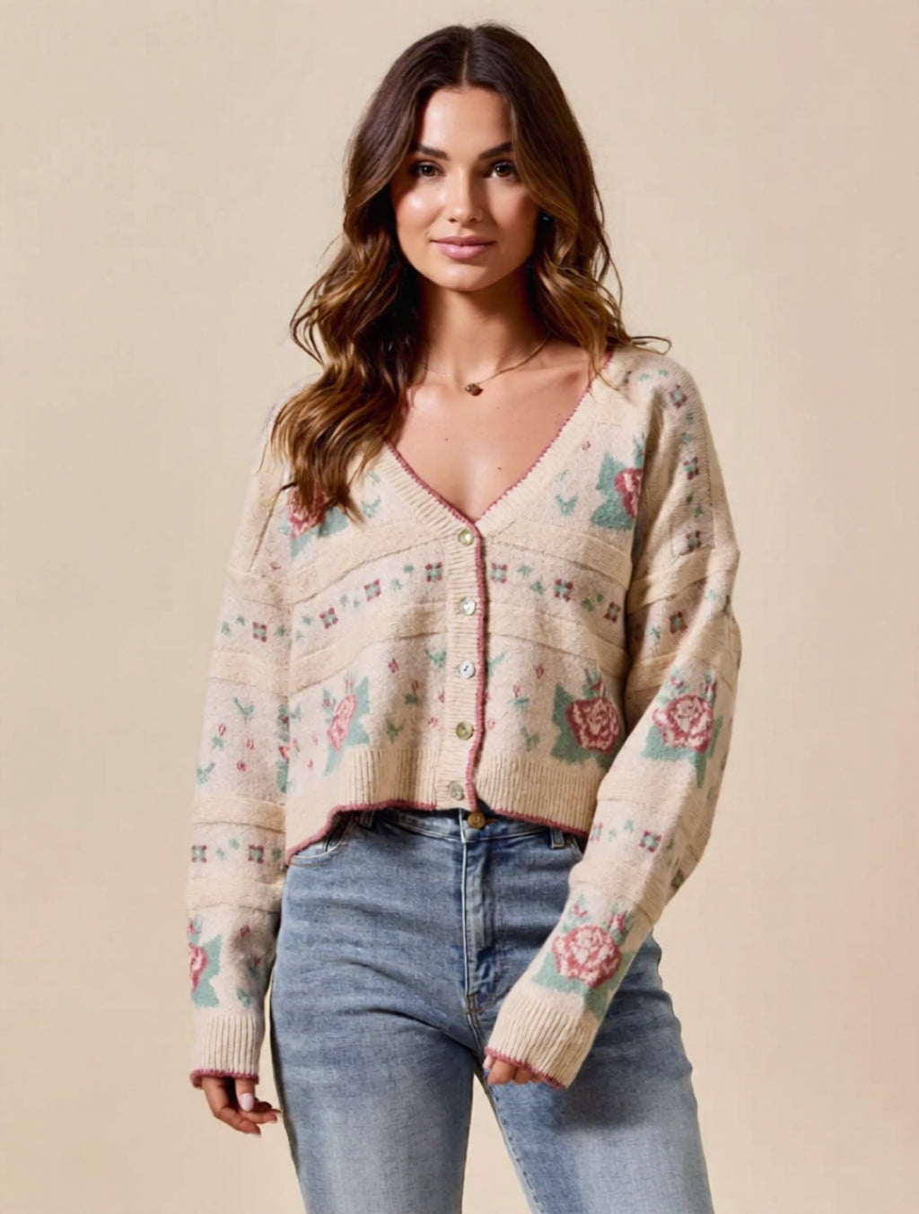 Floral Embroidered Button-Down Knit Cardigan