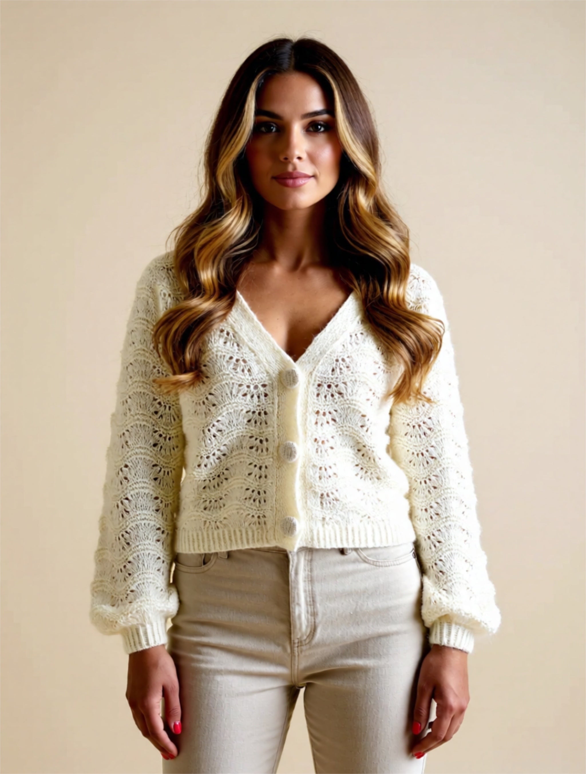 Ivory Openwork Buttoned Knit Cardigan